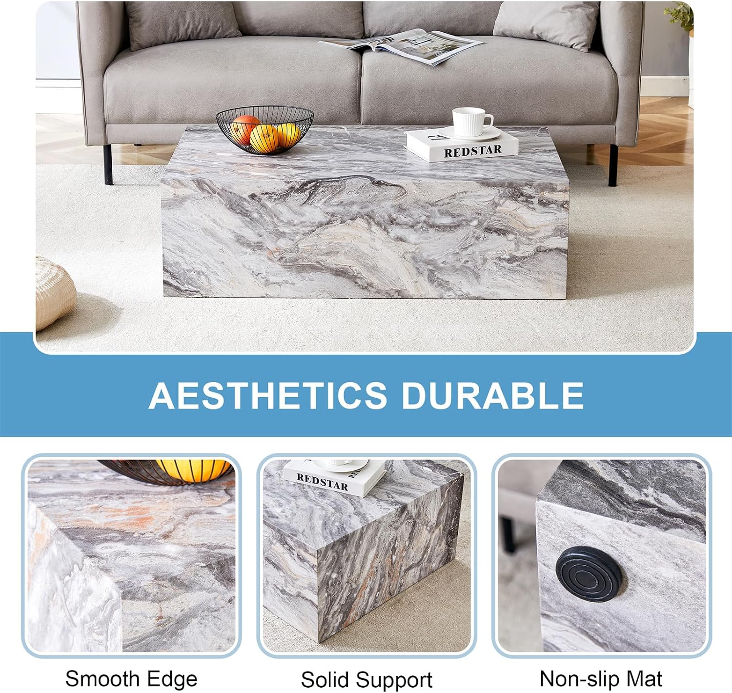 Grey Marble Coffee Table for Living Room Rectangular Faux Marble Center Tables Modern Elegant Wooden Cocktail Table for Home Office -Fully Assembled