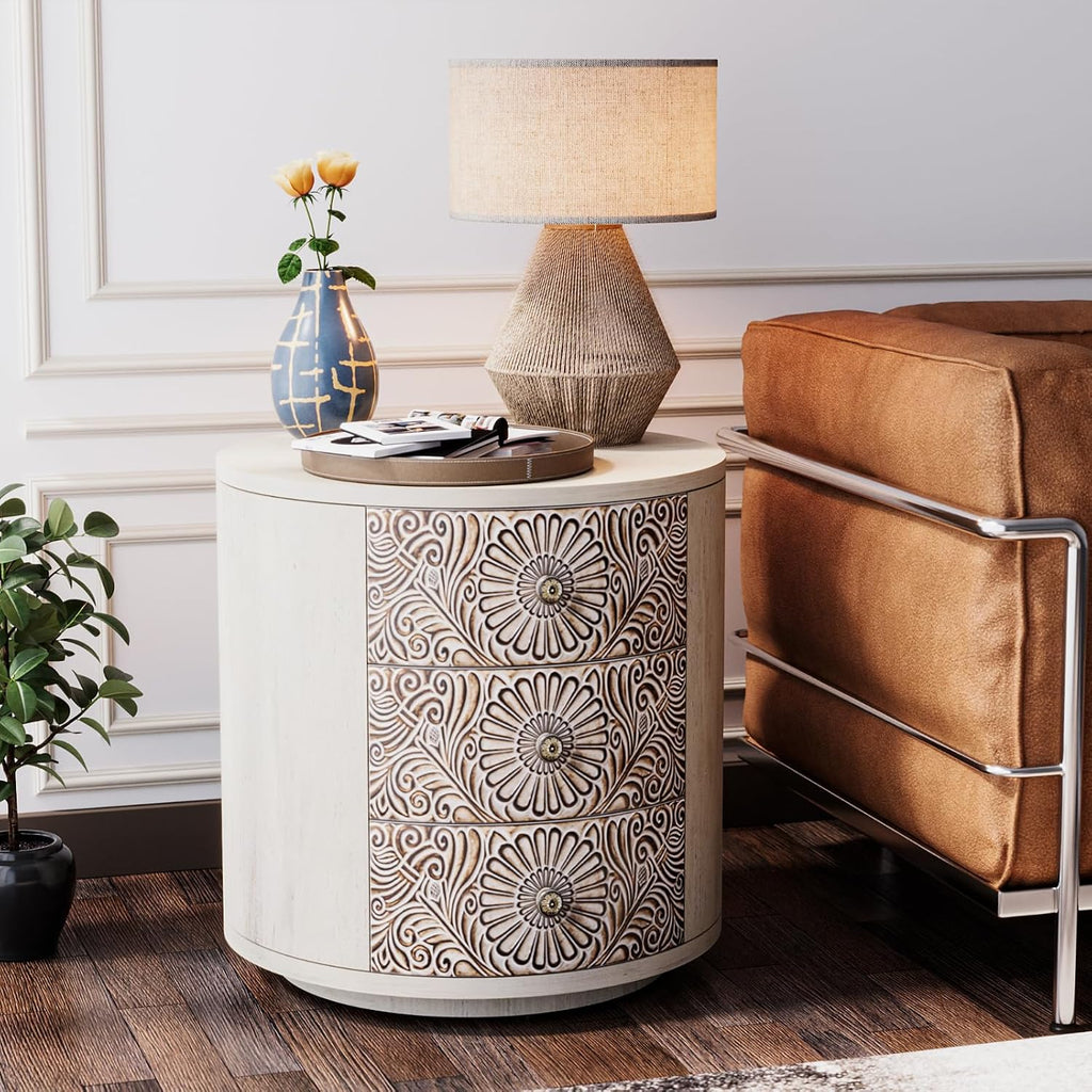 SUNBURY Round Night Stand Set of 2, Farmhouse Bedside Table, Farmhouse End Table, Vintage Wood Nightstand with Drawers, Round Accent Table for Living Room, Bedroom, No Assembly Required