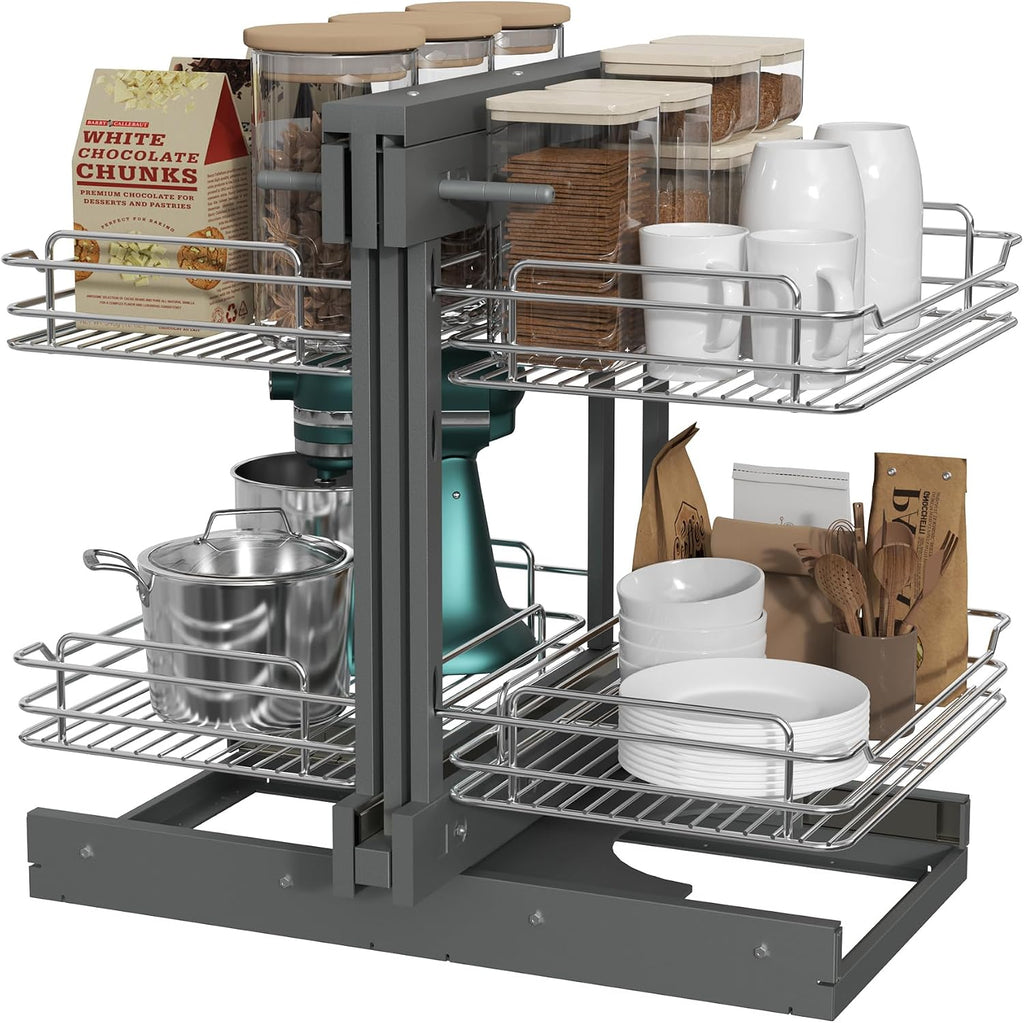 Blind Corner Cabinet Pull Out 2 Tier 4 Shelves Magic Corner Kitchen Cabinet Pull Out Shelf Organzier Soft Close Bottom Mount Min Opening 15in，Metal
