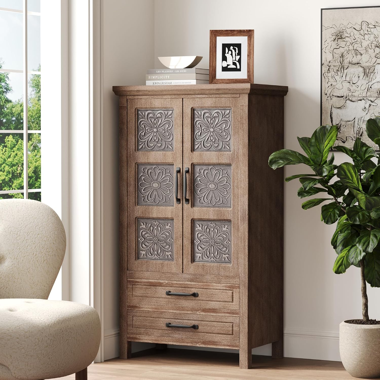 COSIEST 48' Tall Farmhouse Accent Cabinet with Doors and 2 Drawers, Rustic Wood Storage Buffet, Embossed Metal Floral Carving Chest with Adjustable Shelves for Living Room, Entryway, Dining Room