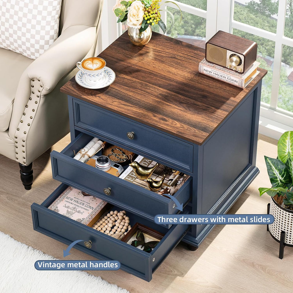 Joaxswe 24' Wide Farmhouse Night Stand Set of 2,Large End Table with 3 Drawers & Metal Handle,Blue Dresser for Bedroom,Bed Side Table Chest of Drawers Cabinet,Wood Nightstand for Living Room,Closet