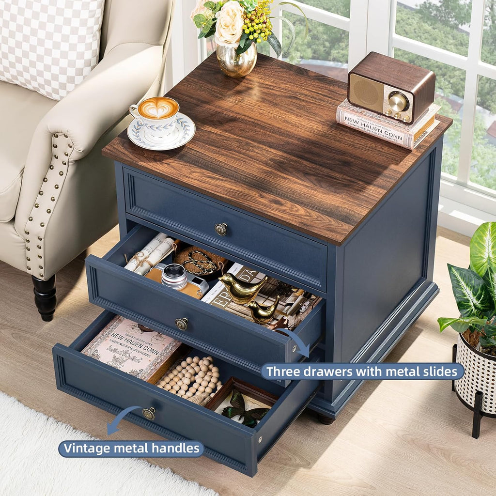 Joaxswe 24' Wide Farmhouse Night Stand,Large End Table with 3 Drawers & Metal Handle,Navy Blue Dresser for Bedroom, Wood Bed Side Table Chest of Drawers, Nightstand Cabinet for Living Room,Closet
