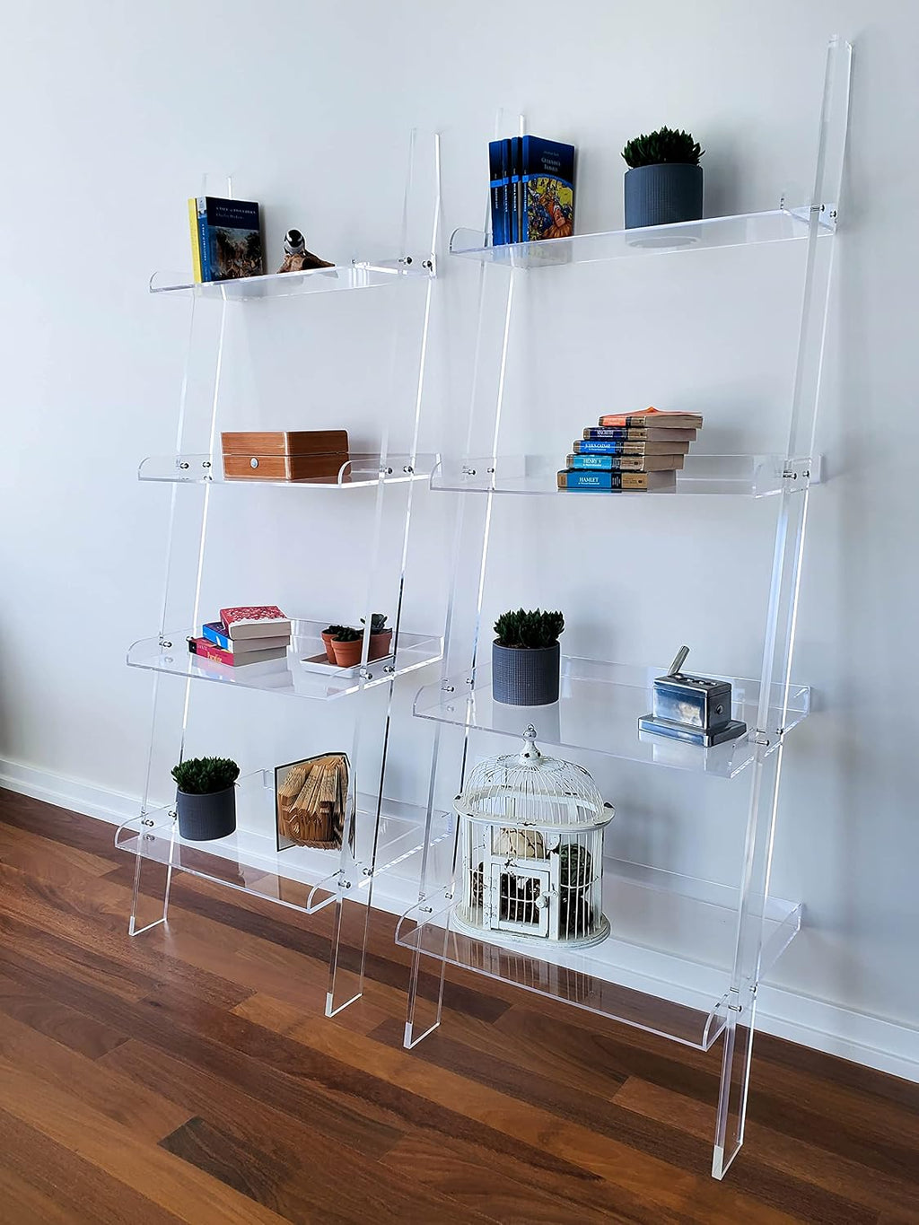 Acrylic Ladder Bookcase Wall Leaning Shelves – Large & Robust Modern Clear Floating Bookshelf - Decor Display for Open Shelving, Organizer, or Storage in the Living Room, Office, Bedroom, or Bathroom