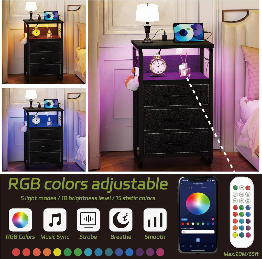 runjuly Large Nightstand Set of 2 with Charging Station, Bed Side Tables Bedroom Set of 2, Black Night Stand Set 2, Bedside Table with 3 Fabric Drawers, Night End Table with Storage for Bedroom, Dorm