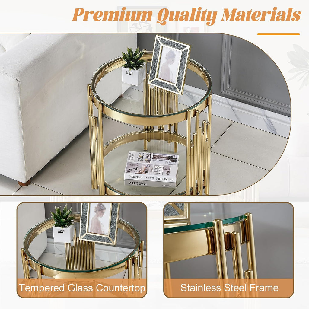 20' Round Glass End Table, 2-Tier Gold Side Table with Stainless Steel Legs and Clear Tempered Glass, Modern Luxury End Table for Living Room Home Office
