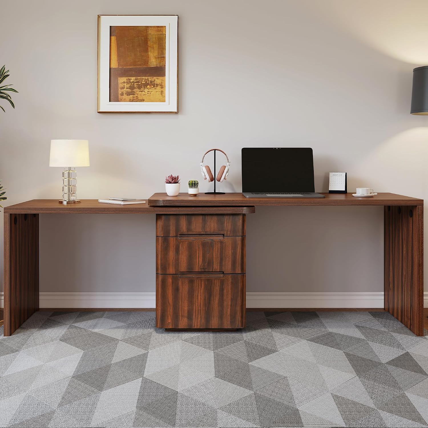 Merax Home Office Desk L Shaped with 3 Drawers,Wooden Rotating Desk | 90' Large Executive Office Workstation,Corner Work Table for Study Writing,Natural Wood