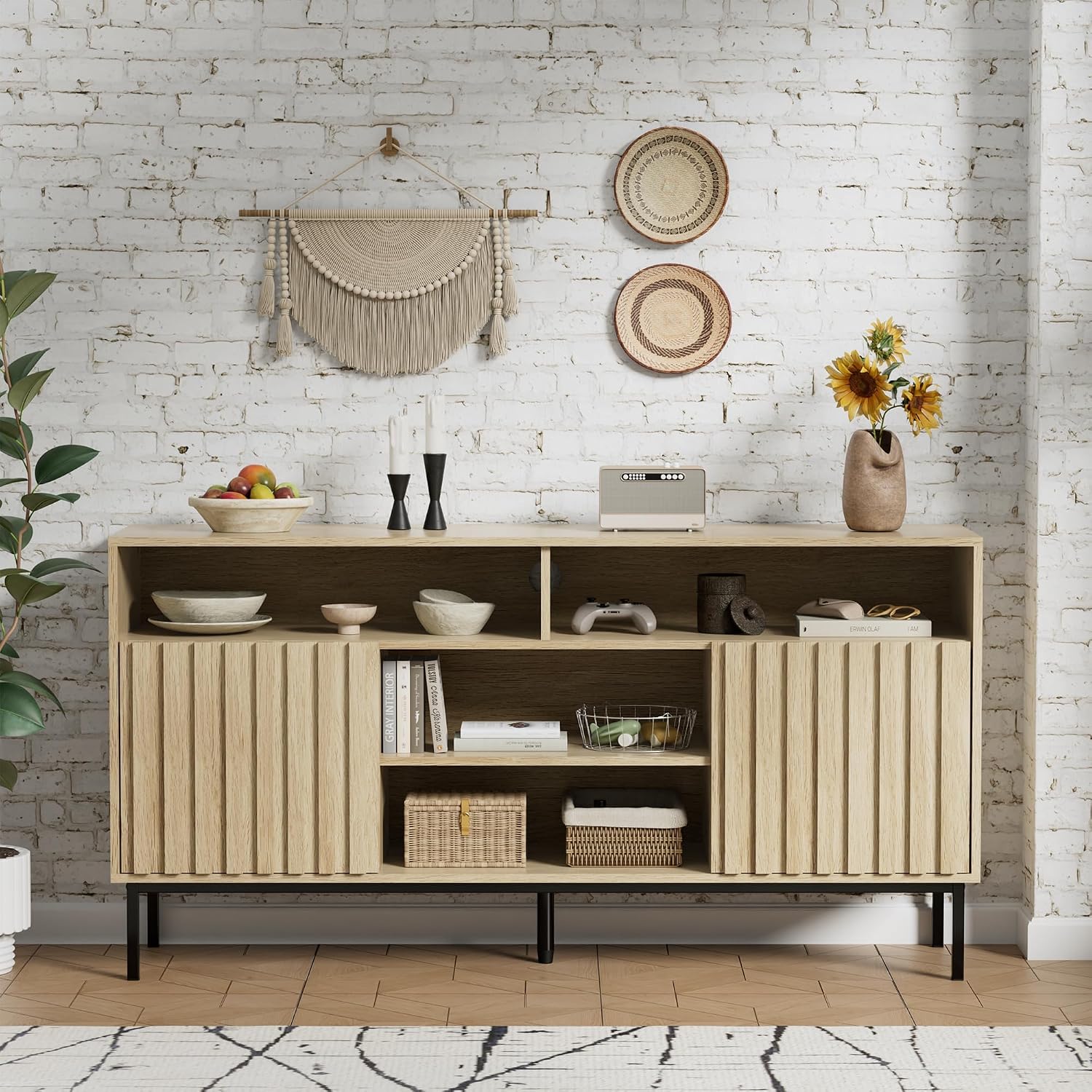 UEV Mid Century Modern 3-Piece Living Room Set,TV Stand Cabinet and 2 End Tables Set,Nightstand Set of 2, Wood Fluted TV Stand Sofa Side Table with 2 Drawers and Open Shelf for Living Room,Ivory White