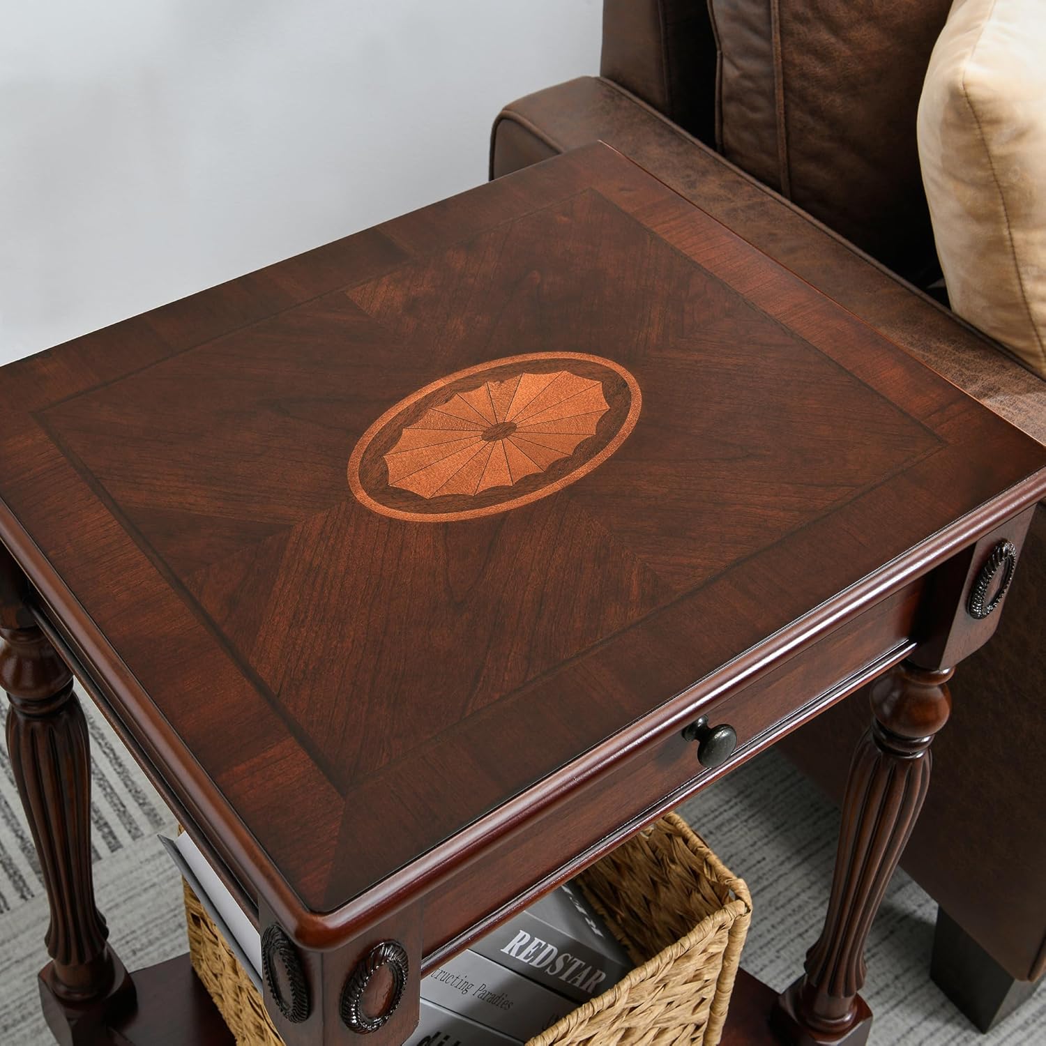 Solid Wood Side Table with Drawer and Storage Shelf, Traditional End Table, Narrow Telephone Nightstand, Carvings Elegant Vintage, for Living Room, Bedroom, Office Cherry Walnut GBJ1533WD