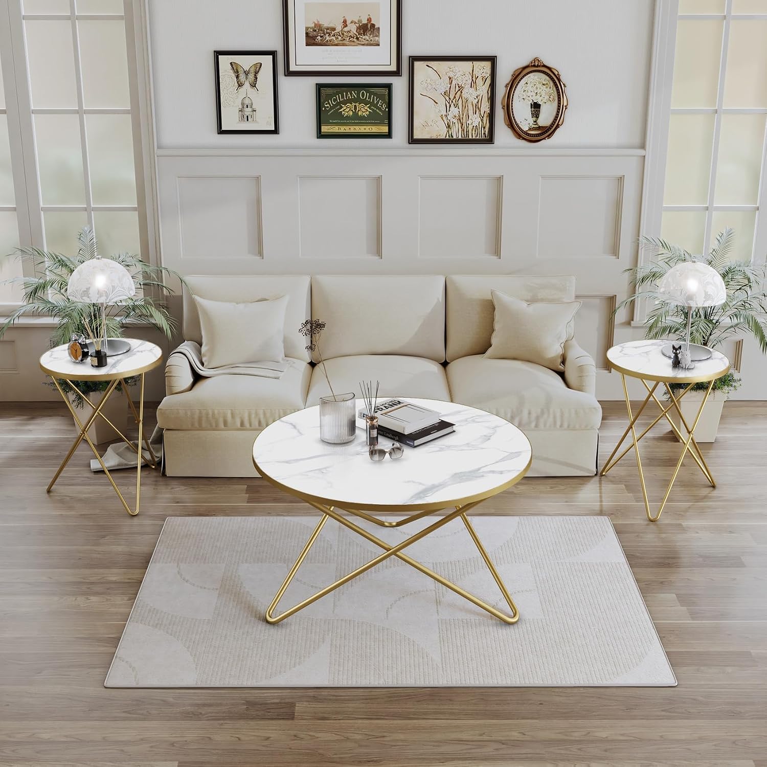 HLR Modern Round Coffee Table and Side Table Set of 3,End Table with Faux Marble Top and Gold Metal Frame, Side Table for Living Room, Bedroom, Sofa and Couch, Gold Legs, White Marble Top