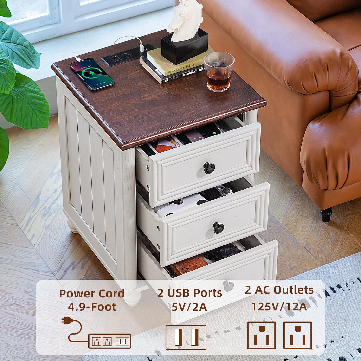 RWYHG 18' Farmhouse Nightstand with Charging Station and USB Port, White Night Stand with 3 Drawers, Wood Bedside End Table with Storage, Bed Side Tables for Bedroom Living Room and Closet