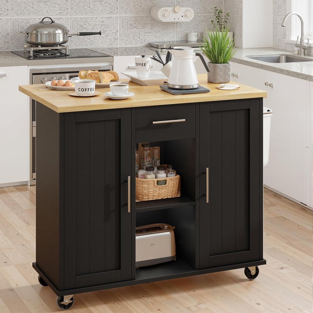 SUNLEI Rolling Kitchen Island Cart with Wheels, Island Table for Kitchen, Farmhouse Kitchen Cart with Drop Leaf & Towel Rack & Drawer, Kitchen Island with Storage Cabinet, Black