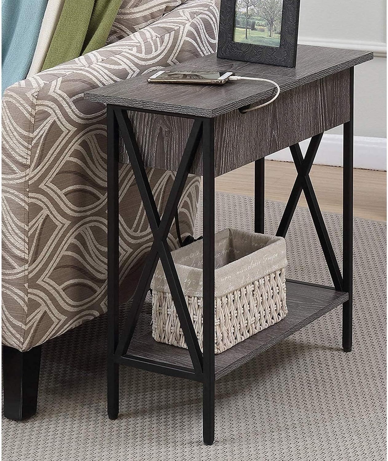 Convenience Concepts Tucson Flip Top End Table with Charging Station 23.75' - Modern Living Room Table with Storage Shelf, Nightstand Side Table, Weathered Gray