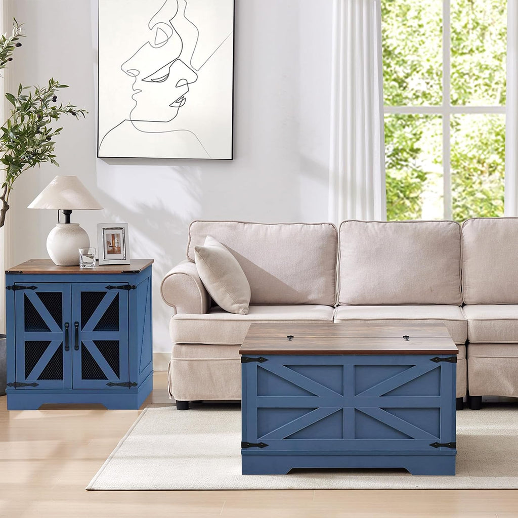 Farmhouse End Table Set with Charging Station, Living Room Tables with Hidden Storage, Wood Square Sofa Bedside Tables, Night Stand with Power Outlet and Door, Blue