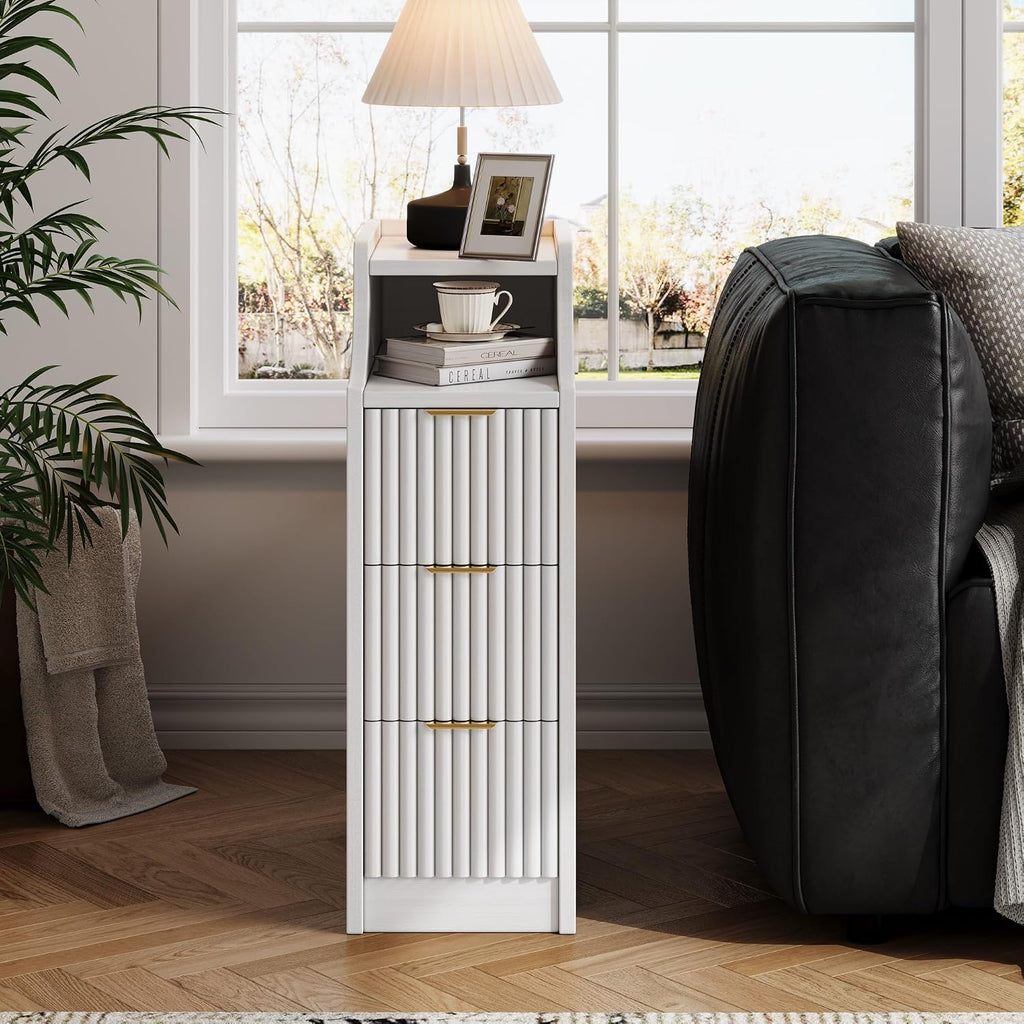 7.9' Narrow Nightstand Set of 2,23.6' Tall Fluted Bedside Table Set of 2, Slim Side End Table with 3 Drawers, Wooden Bedside Table, White Wood Night Stand for Bedroom Livingroom Sofa Office