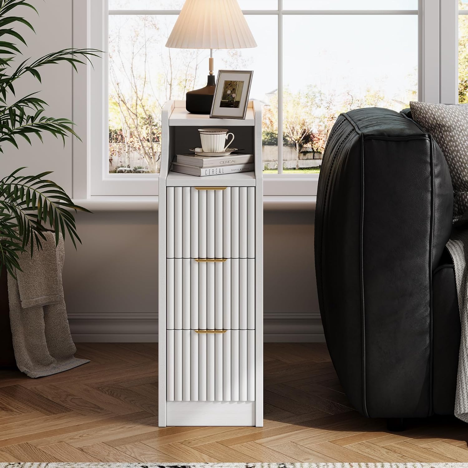 7.9' Narrow Nightstand Set of 2,23.6' Tall Fluted Bedside Table Set of 2, Slim Side End Table with 3 Drawers, Wooden Bedside Table, White Wood Night Stand for Bedroom Livingroom Sofa Office