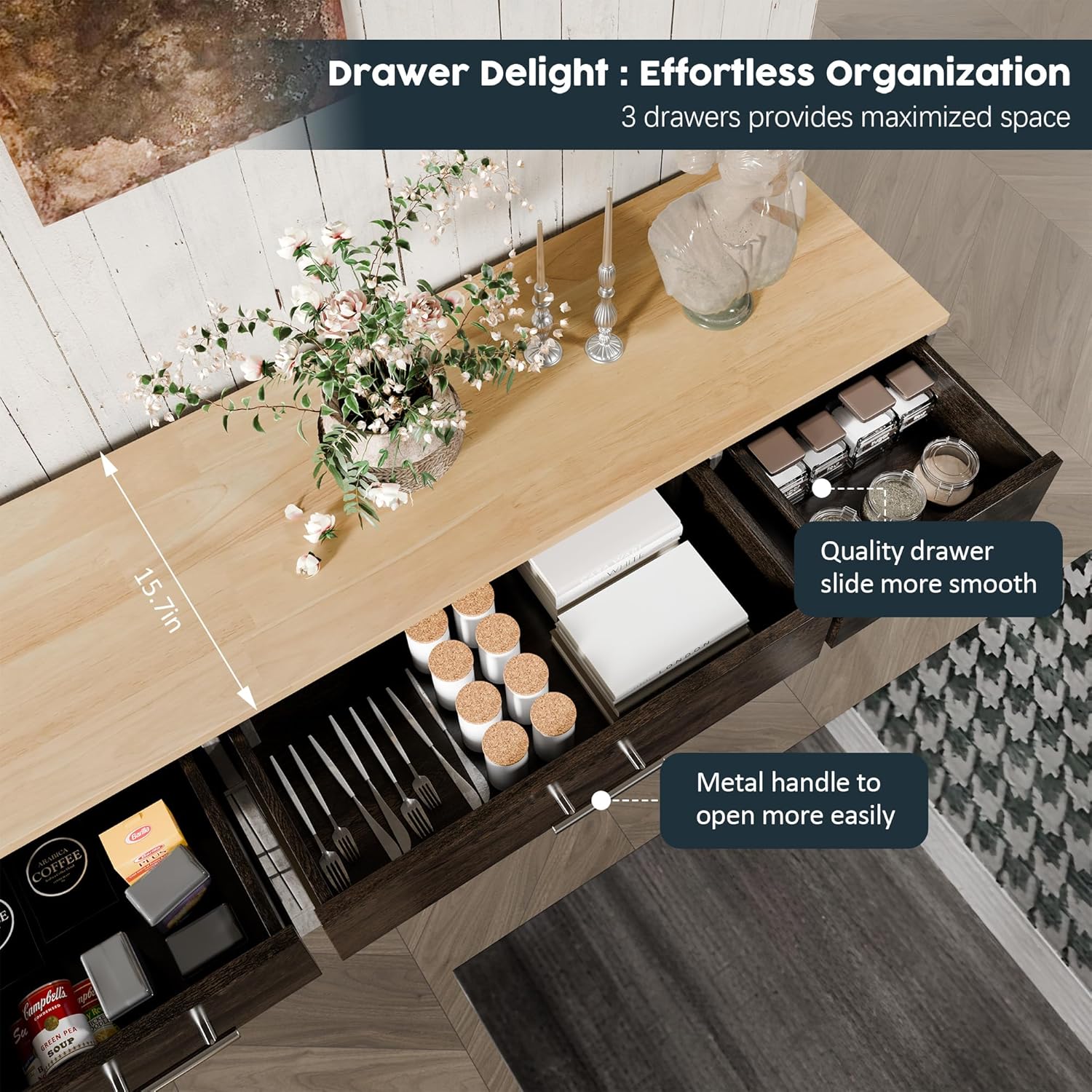 SUNLEI Kitchen Storage Cabinets, Farmhouse Buffet Cabinet with 4 Doors and 3 Drawers, Sideboard Small Storage Cabinet with Adjustable Shelf, for Kitchen, Dining Room & Living Room, Brown