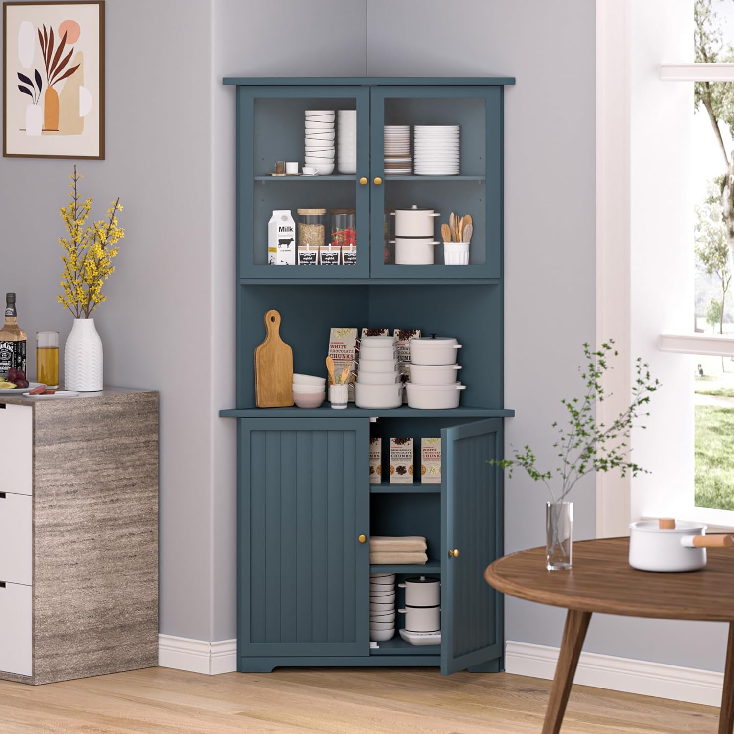 BlueWish 71' Corner Cabinet, Storage Cabinet with Glass Doors and Shelves, Corner Kitchen Cabinets, Hutch Cabinets for Display Living Room Office Bathroom, Dark Teal