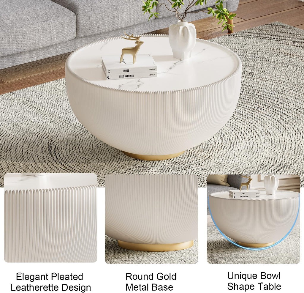 Modern Round Coffee Table Set of 2 Luxury Sintered Stone Top Coffee End Table in White/Grey Leatherette Creative Bowl-Shape Small Coffee Side End Tables for Living Room,Fully Assembled