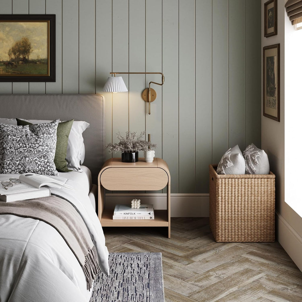 Nathan James Iris Mid-Century Modern Nightstand with Drawer, End Table with Storage for Bedroom or Living Room with Rounded Silhouette, Light Oak