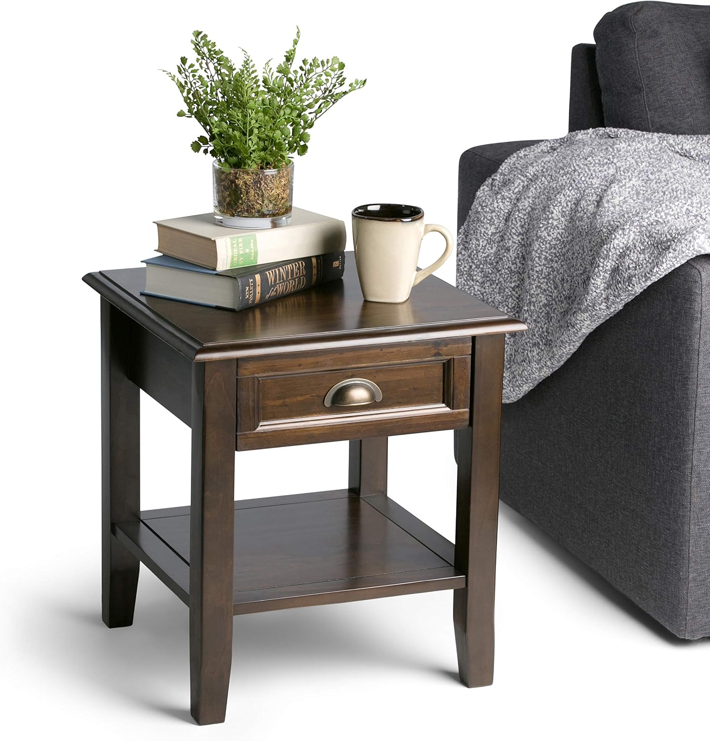 SIMPLIHOME Burlington End Table - 18 inch Wide Solid Wood Square Accent Table with Drawer and Open Shelf in Mahogany Brown, Transitional Nightstand or Lamp Stand for Living Room or Bedroom