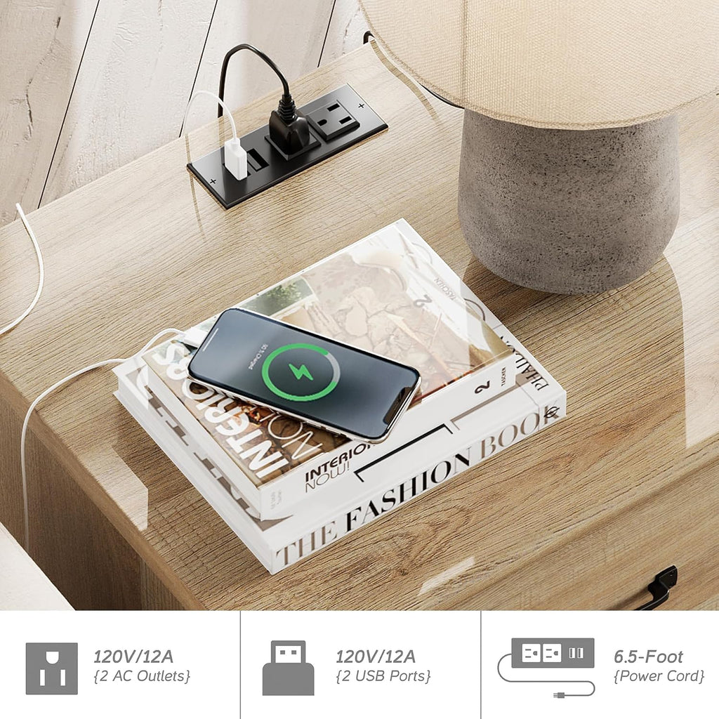 WAMPAT Nightstand Side Table with Charging Station, Light Wood End Table with 2 Drawers for Living Room, Farmhouse Night Stand Bedside Table for Bedroom, Oak