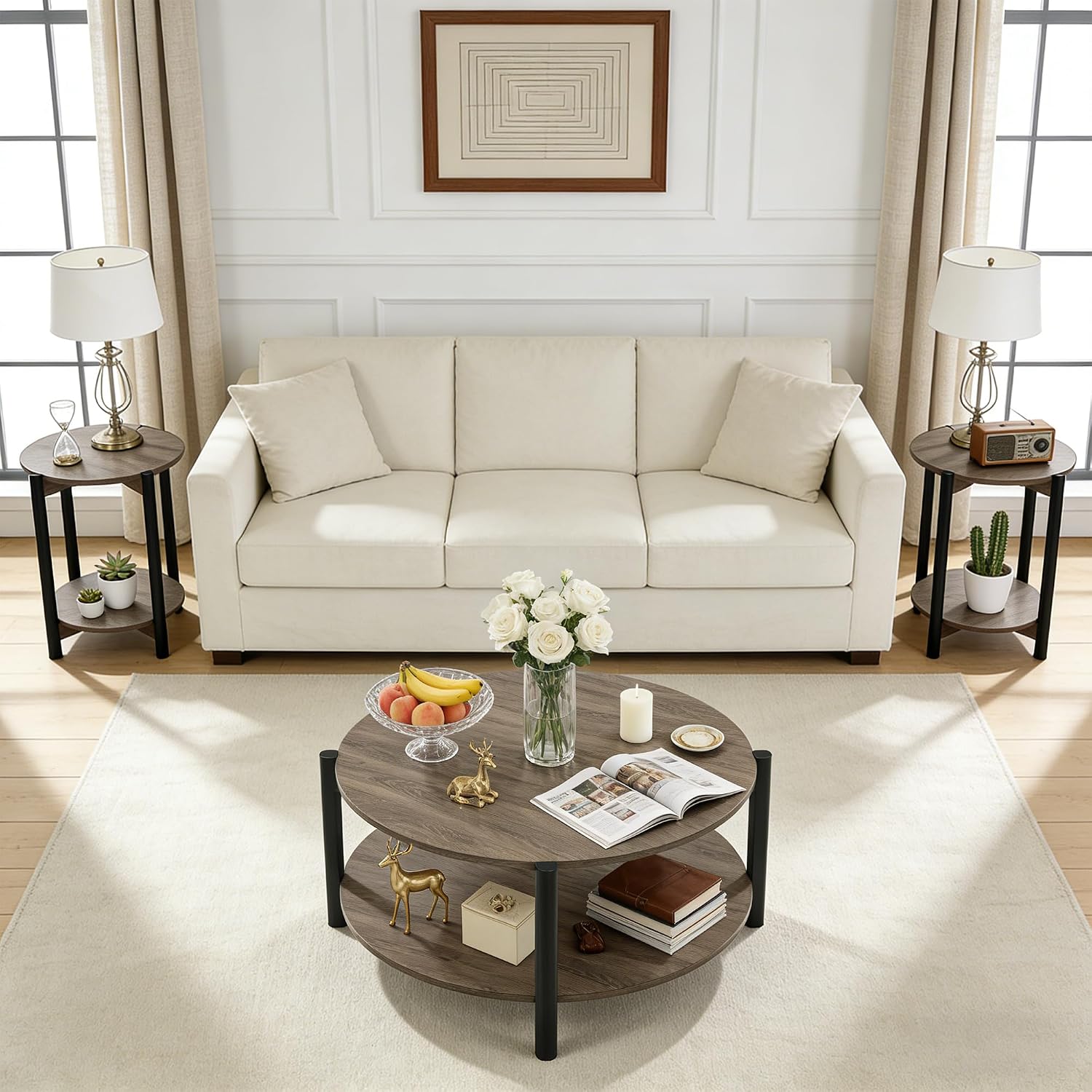 Round Coffee Table Set of 2, 34.4' Modern Wood Coffee Table and Side Table, Sturdy X-Brace Frame, 2 Piece Coffee Table for Living Room, Home Office