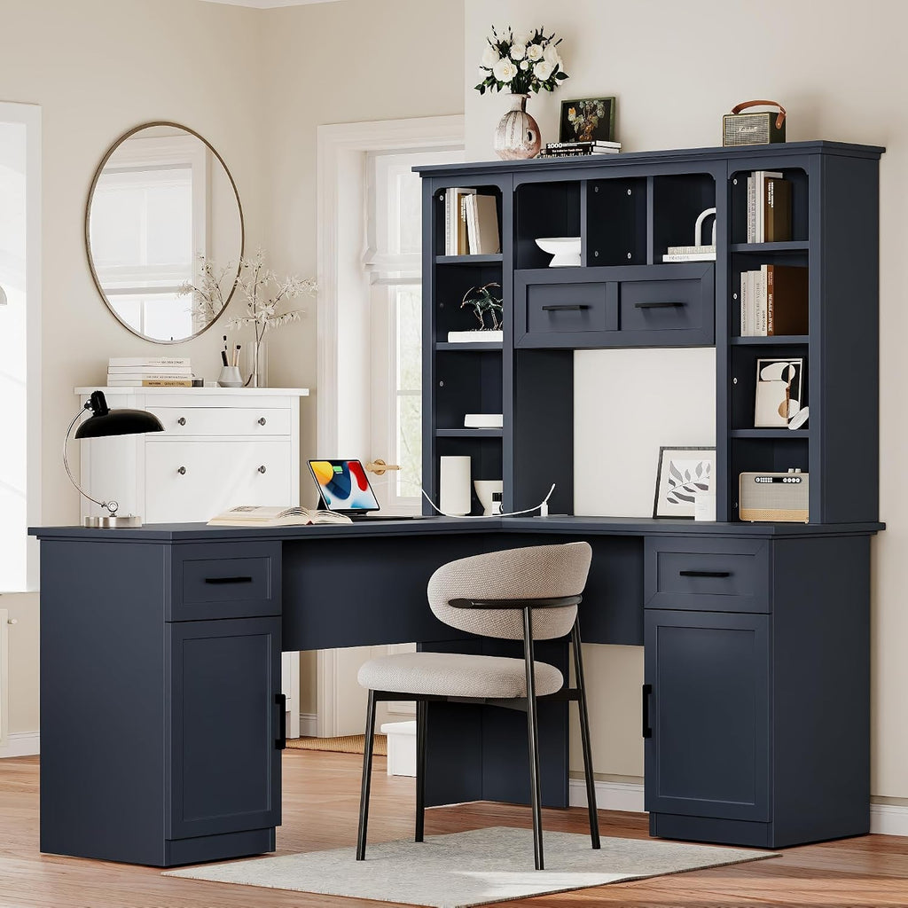 L Shaped Desk With Hutch, Corner Computer Desk With Storage Shelf & Cabinet, Laptop Pc Table Gaming Desk Workstation, Modern Executive Study Writing Desk For Home Office, Bedroom (Antique Blue)