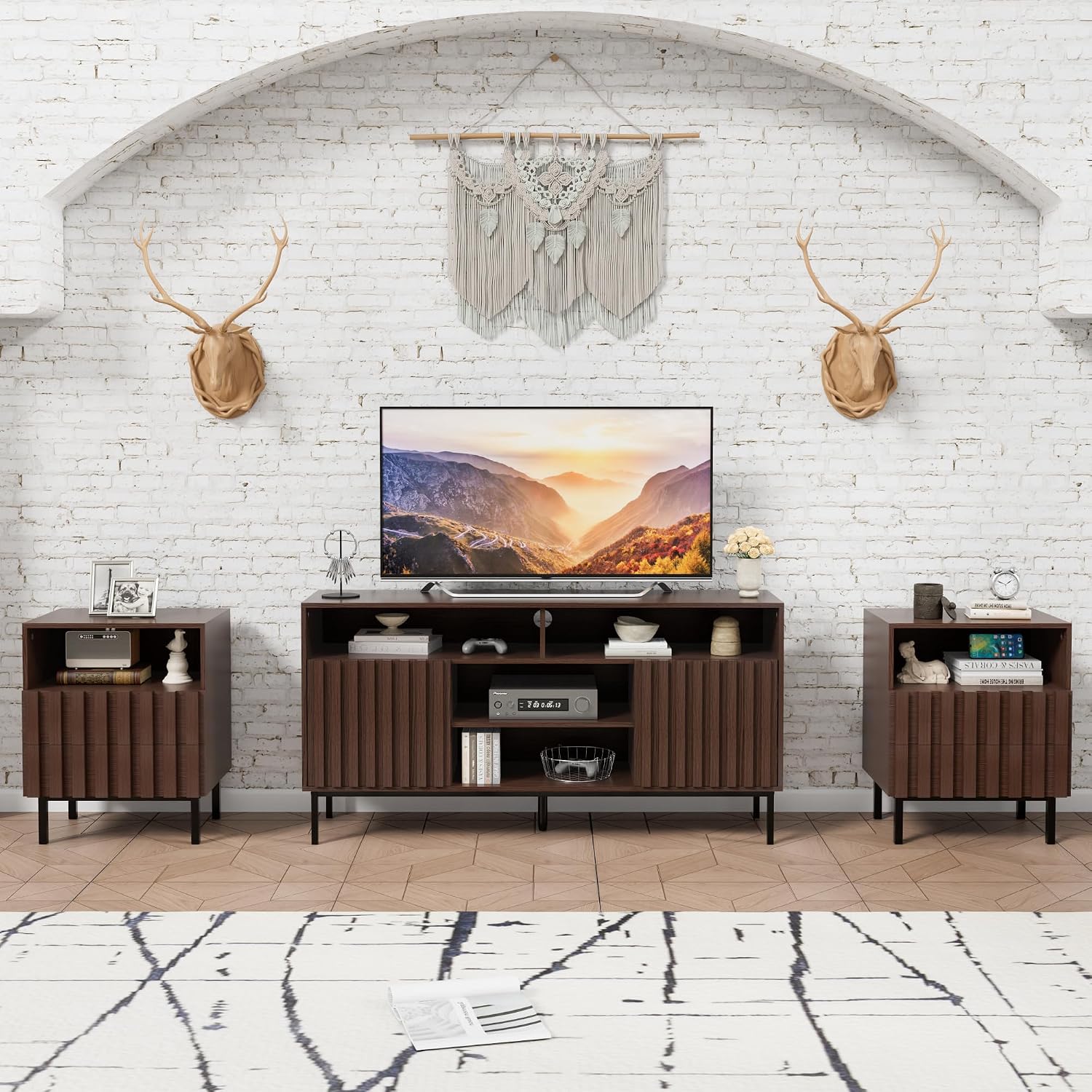 UEV Mid Century Modern 3-Piece Living Room Set, Includes Fluted Panels TV Stand with Storage for Up to 65 inch TV, 2 Drawer Open Shelf End Tables