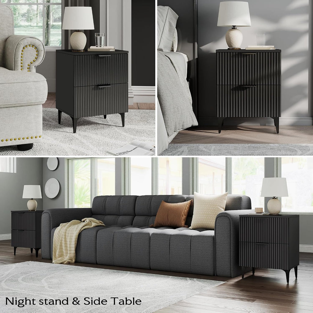 SUNWAVE Black Fluted Nightstand Set of 2, Modern Night Stands with 2 Drawers, Bedside Table for Twin/Full/Queen Bed, End Table with Robot-Friendly Metal Legs for Bedroom, Living Room