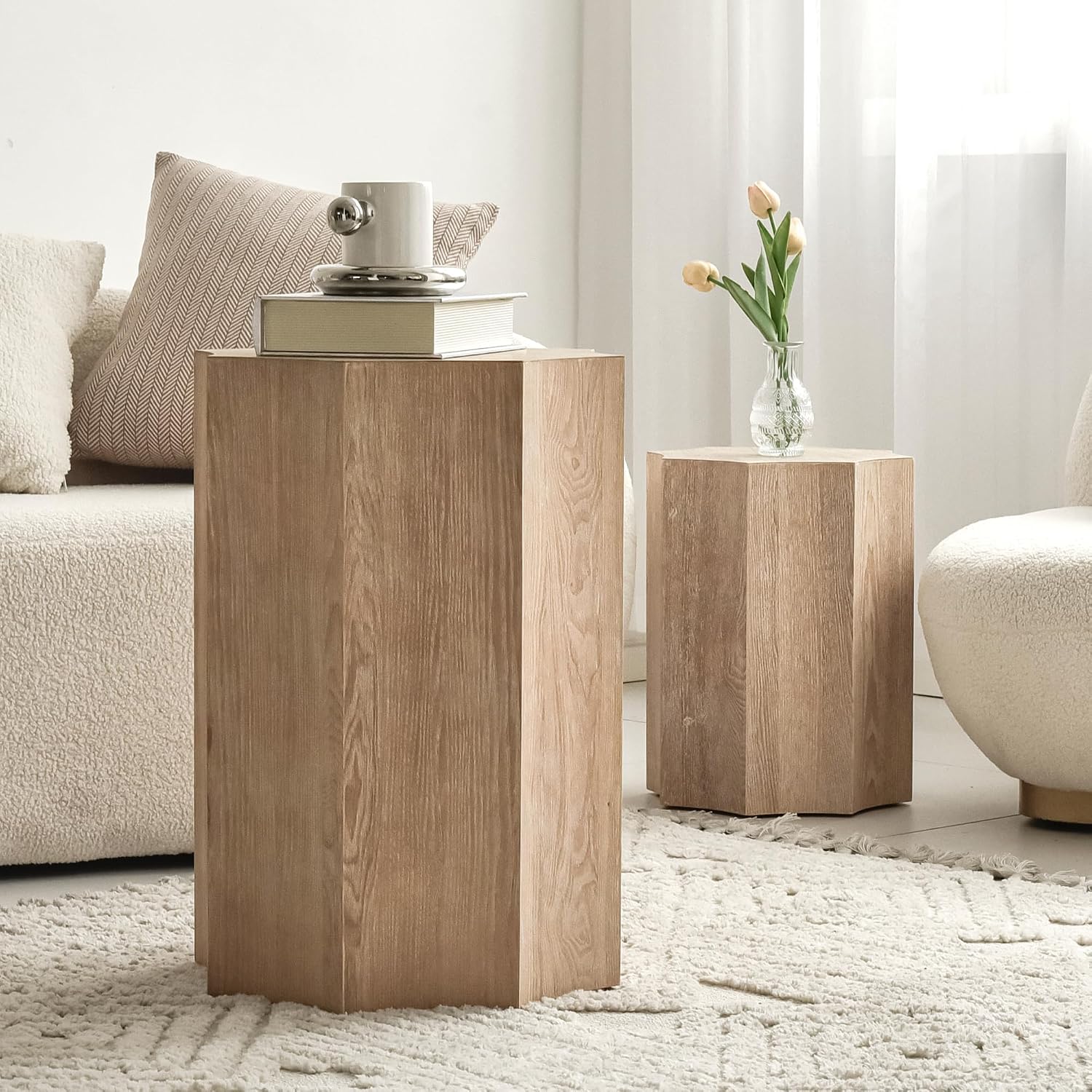 Nesting Tables Set of 2,Wood Nesting Coffee Table,Octagonal Side Tables for Living Room,Modern Plant Stand for Balcony,Nightstand for Bedroom,Fully Assembly,Natural Finish.