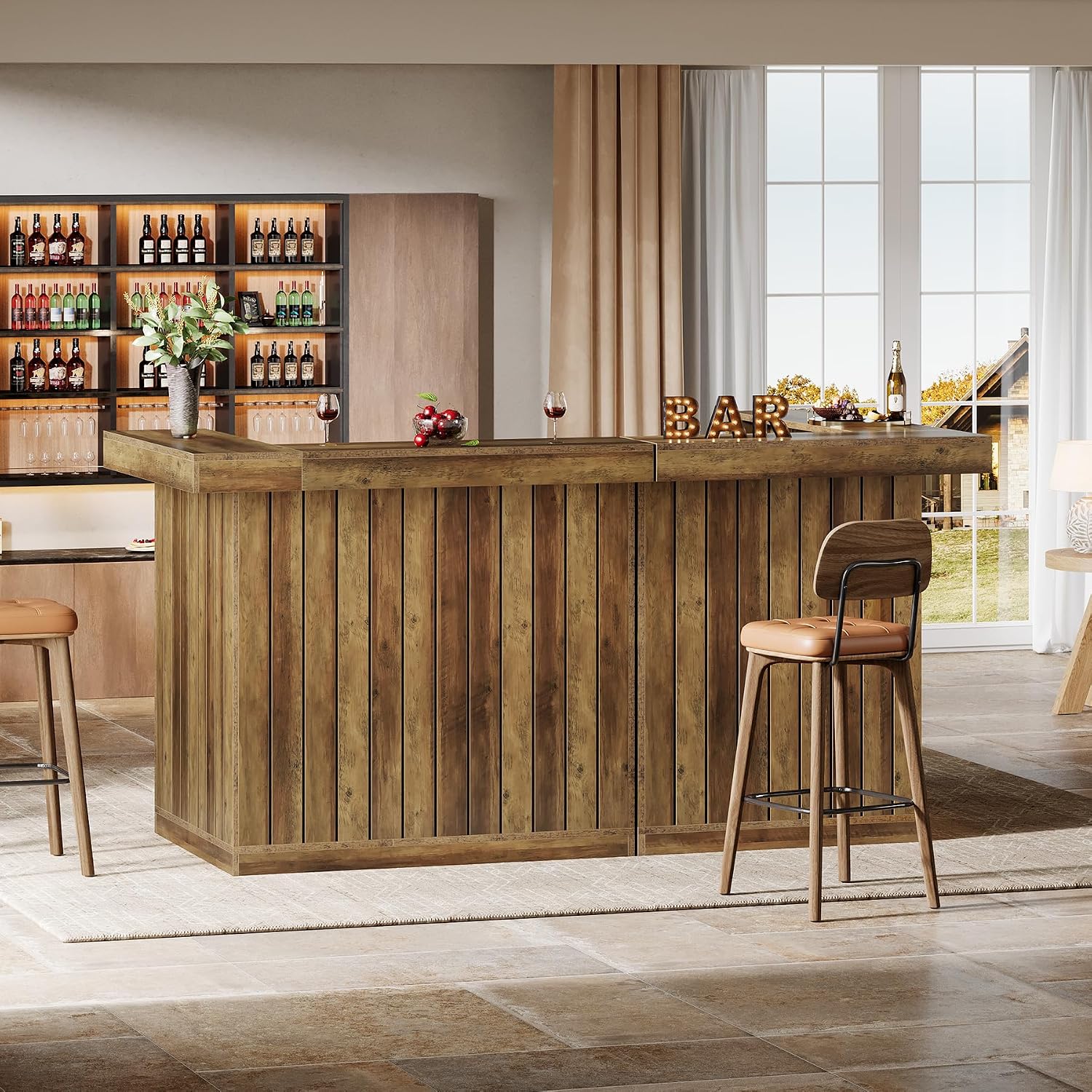 Tribesigns L-Shaped Home Bar Unit, 4-Tier Corner Liquor Bar Table with Storage Shelves and Wine Glasses Holder, Industrial Wine Cabinet Reception Desk for Home Pub (2, Brown)