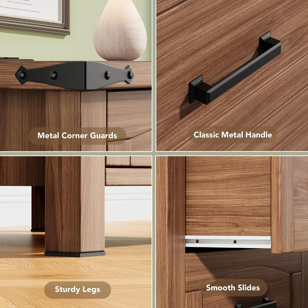 Decofy Farmhouse Nightstand Set of 2 with Charging Station, 18'' Wide Rustic End Table with USB/Type-C Ports, 3 Drawers, Wood Bedside Table for Bedroom, Walnut