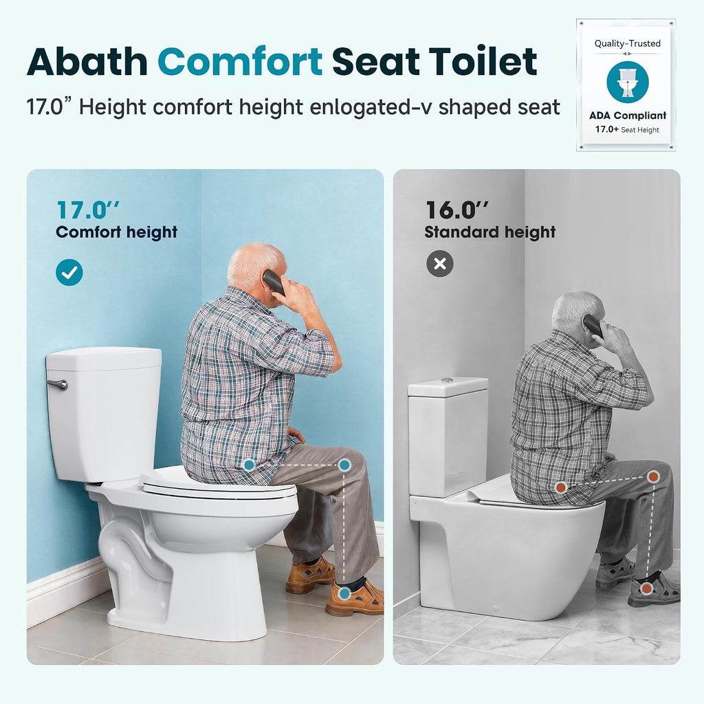 ABath 17.5' Tall Toilet Elongated with Soft Close Seat & 360° TSUNAMI Flush 1 GPF, WaterSense/1000g Map Certified, NANO CLEAN Ceramic, Two Piece Compact Toilets for Small Bathrooms, 12' Rough in