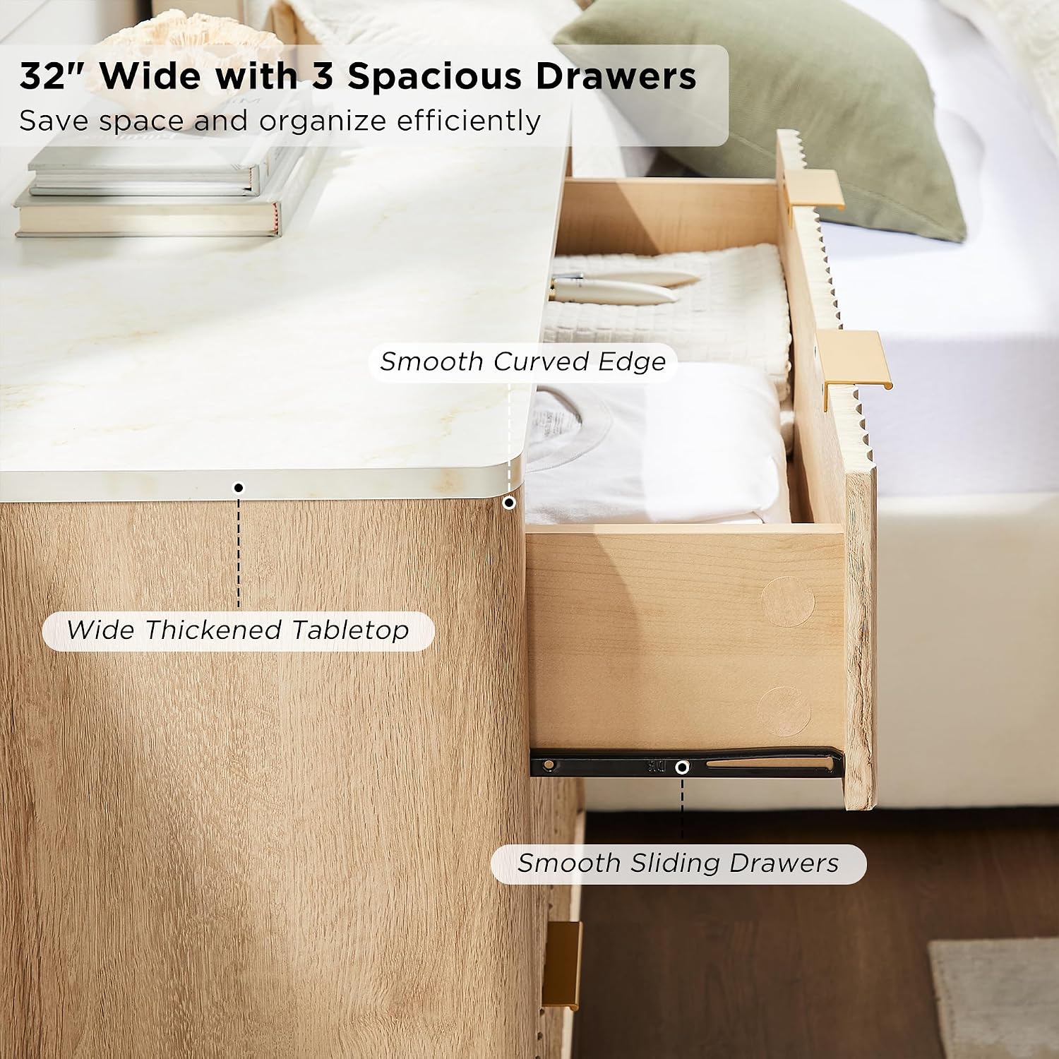 T4TREAM Fluted 3 Drawers Nightstand, Oversized Extra Large Modern Side Table with Faux Marble Top, End Table Bedside for Bedroom, Living Room, Curved Profile Design, Natural Oak | Fluted