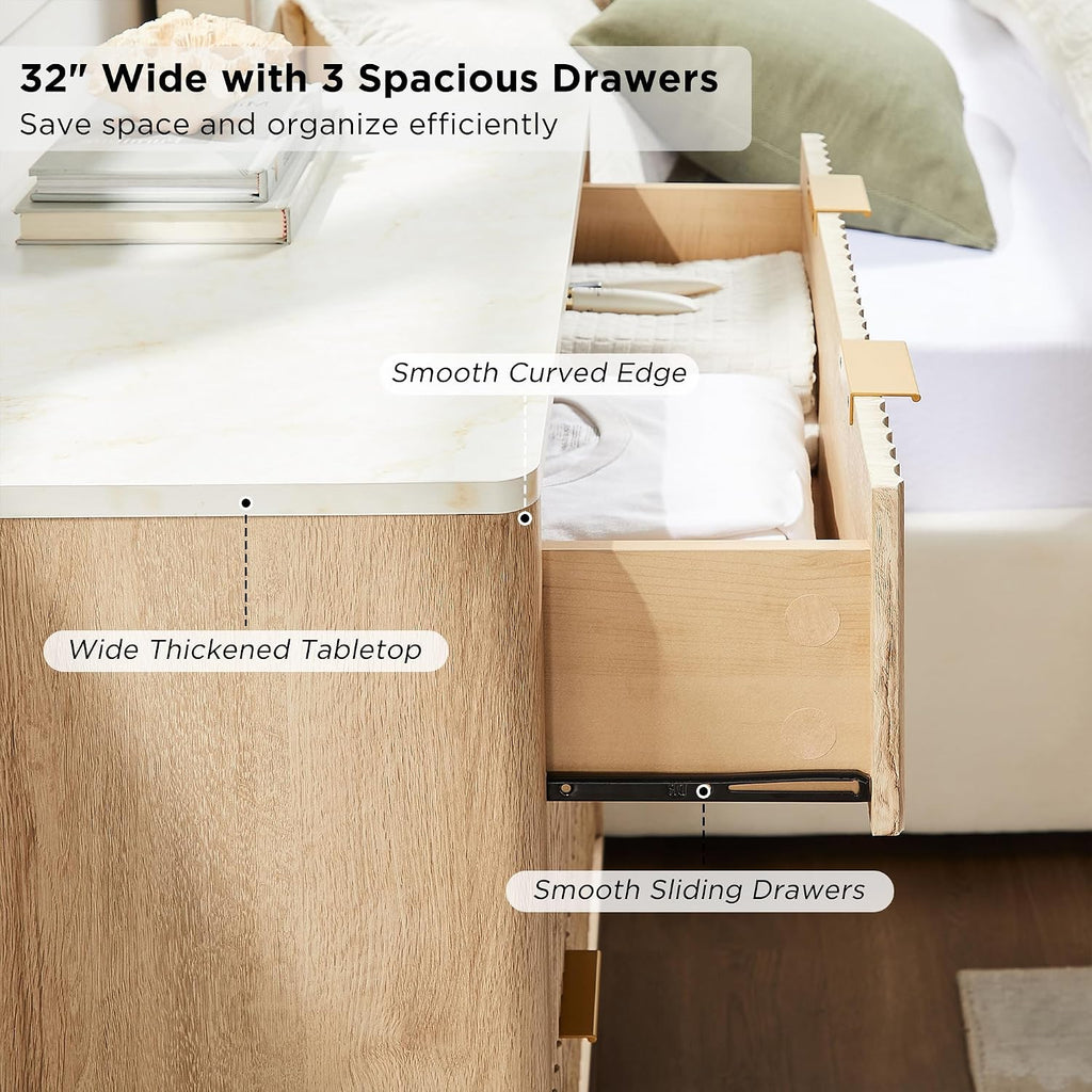 T4TREAM Fluted 3 Drawers Nightstand Set of 2, Oversized Extra Large Modern Side Table with Faux Marble Top, End Table Bedside for Bedroom, Living Room, Curved Profile Design, Natural Oak