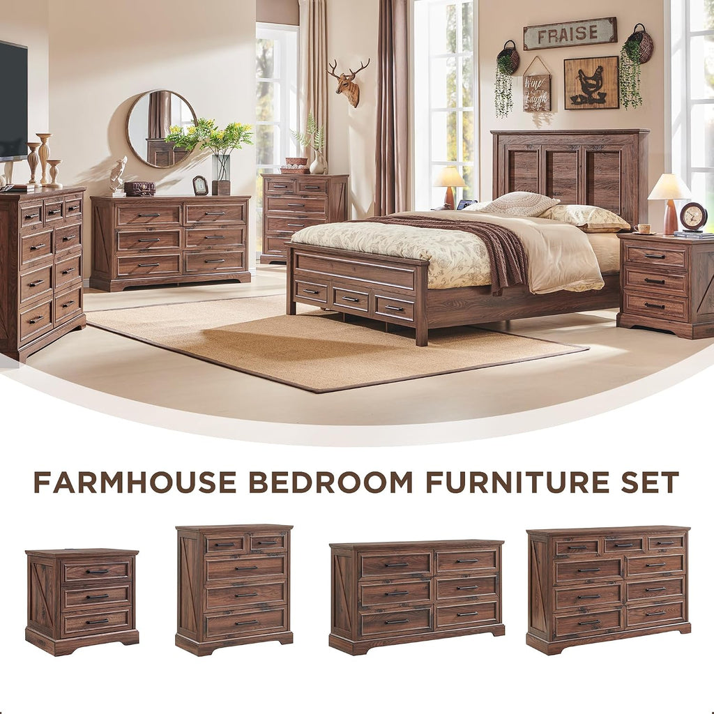 ACCOHOHO Farmhouse Nightstands Set of 2, 22 Inch Wide End Table with Charging Station & 3 Large Drawers, Rustic Wood Small Dresser Chest of Drawers for Bedroom, Living Room, Brown
