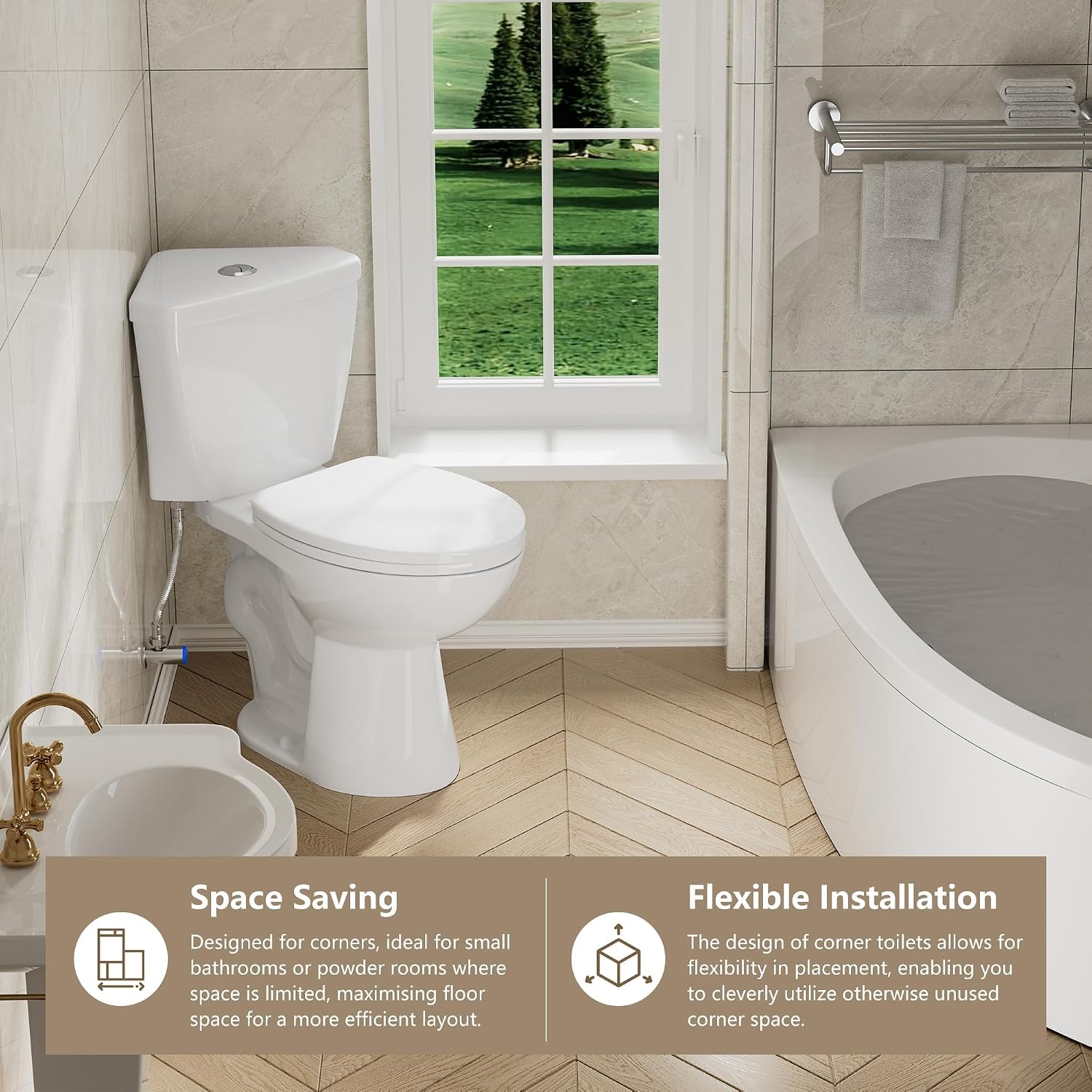 SUPERFLO 17.2' Corner Toilet Elongated, Compact Two-piece Toilets with Comfort Height Toilet Bowl & Slow Close Seat, Small Toilets For Small Bathroom-Dual Flush 0.8/1.28 GPF