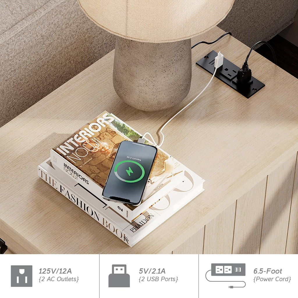 WAMPAT 2 Pack End Tables with Charging Station, Farmhouse Narrow Side Table with Drawer & Storage Cabinet, Beige Nightstand with Power Outlets & USB Ports for Living Room, Bedroom