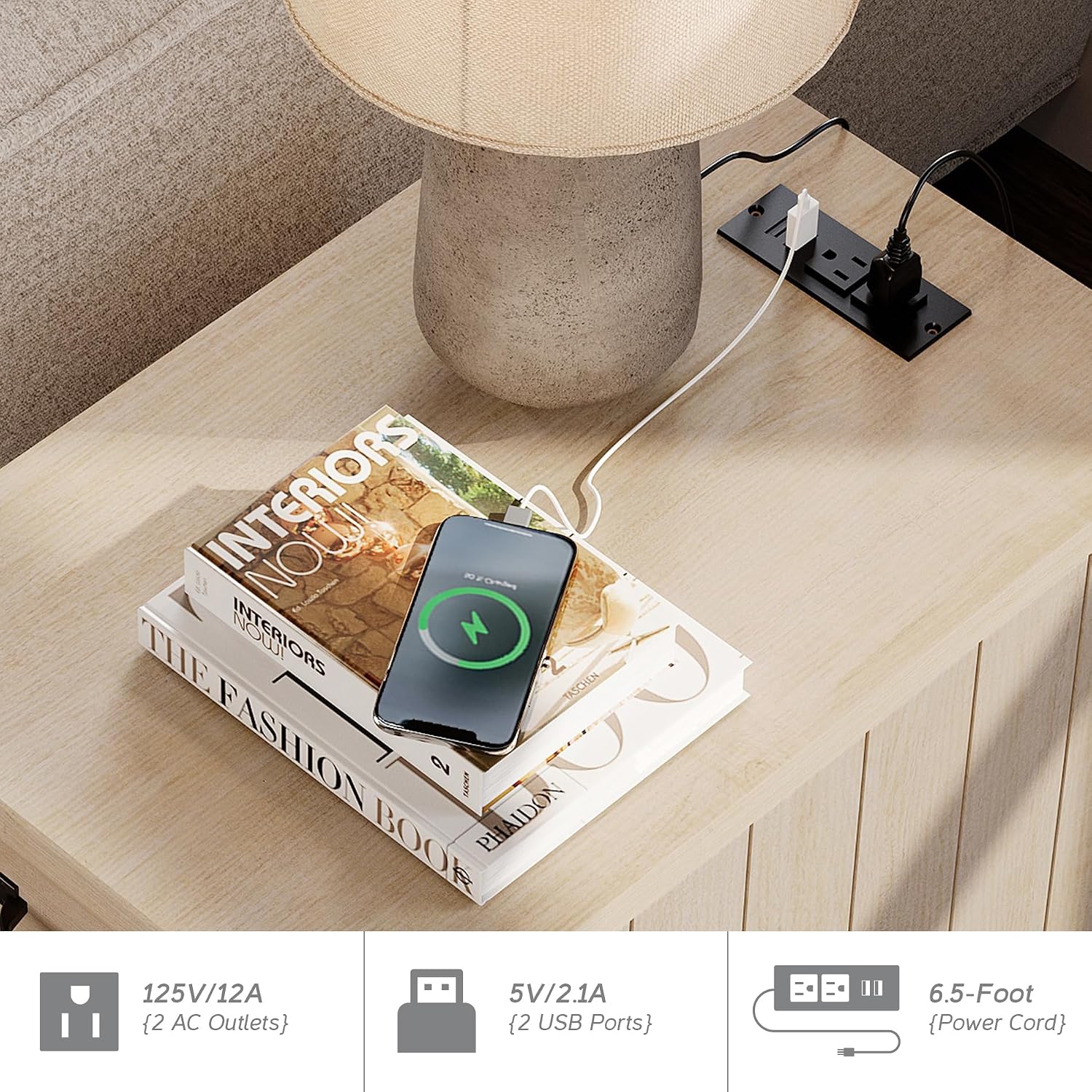 WAMPAT 2 Pack End Tables with Charging Station, Farmhouse Narrow Side Table with Drawer & Storage Cabinet, Beige Nightstand with Power Outlets & USB Ports for Living Room, Bedroom
