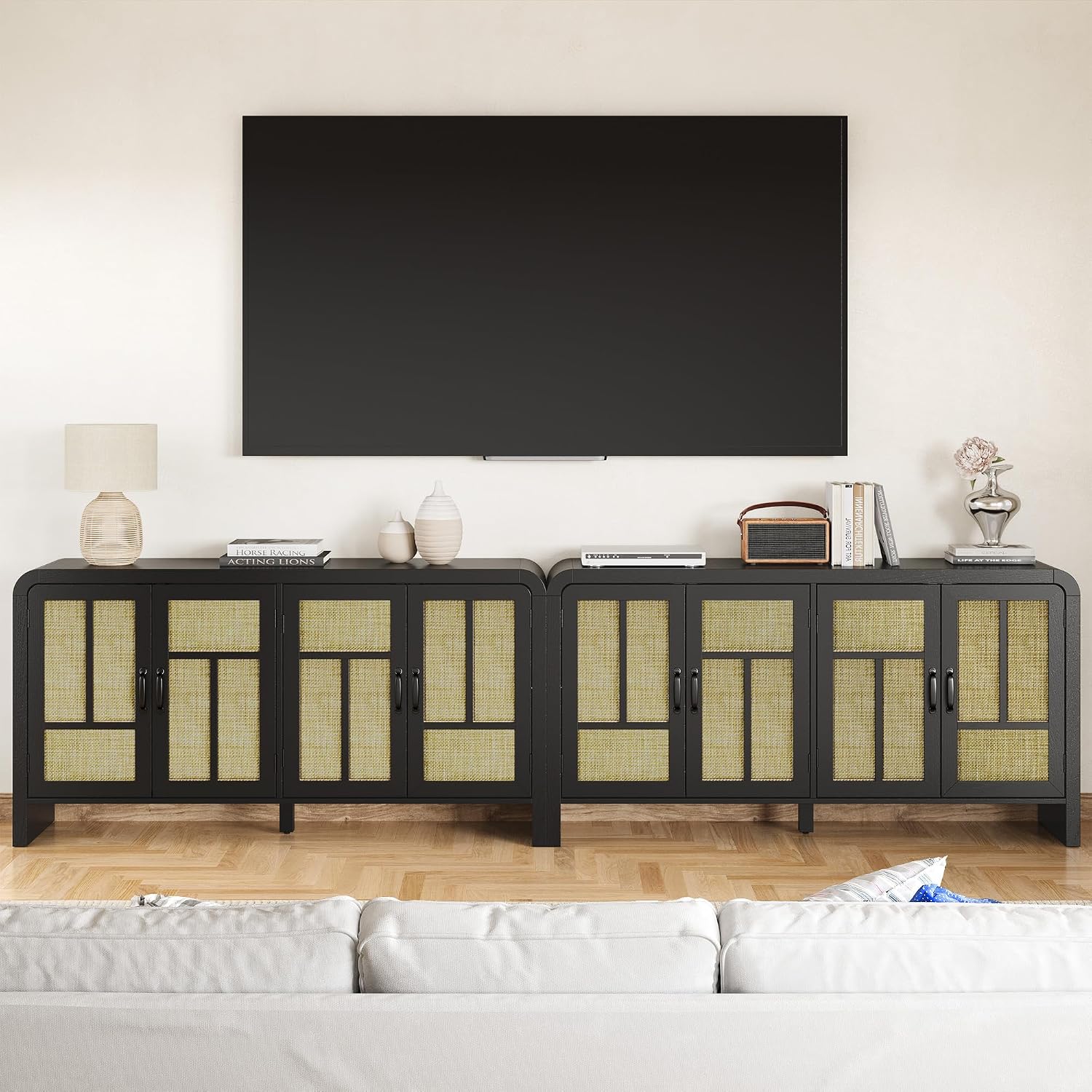 RoyalCraft Buffet Cabinet with Storage Sideboard Accent Farmhouse Credenza with 4 Doors & Shelves Rattan 59' Media Console Boho Coffee Bar Table for Living Room Kitchen Dining Room Hallway