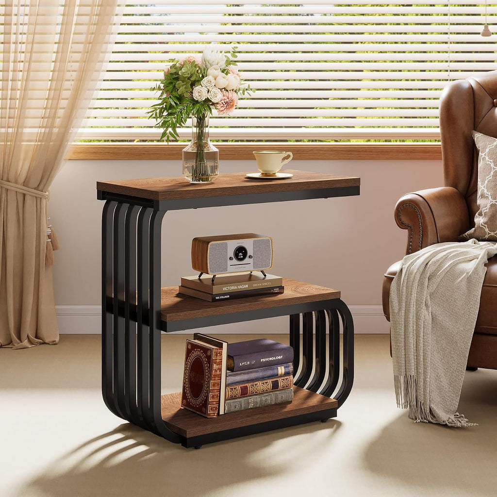 Tribesigns Small End Table, Narrow Side or Bedside Stand, 3 Tier Design Accent Table with Metal Frame, Industrial Vintage Nightstand for Living Room, or Small Spaces (2, Brown)