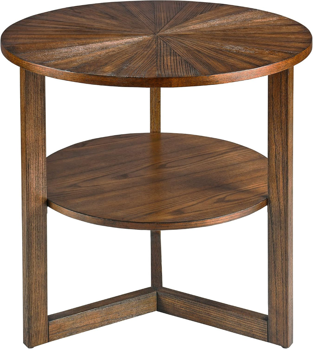 25.2' Large Round End Table with Storage Shelf, Farmhouse Beside Table with Wood Leg, Sofa Side Table, Telephone Table for Living Room, Easy Assembly Vintage Brown CJZ3338NC