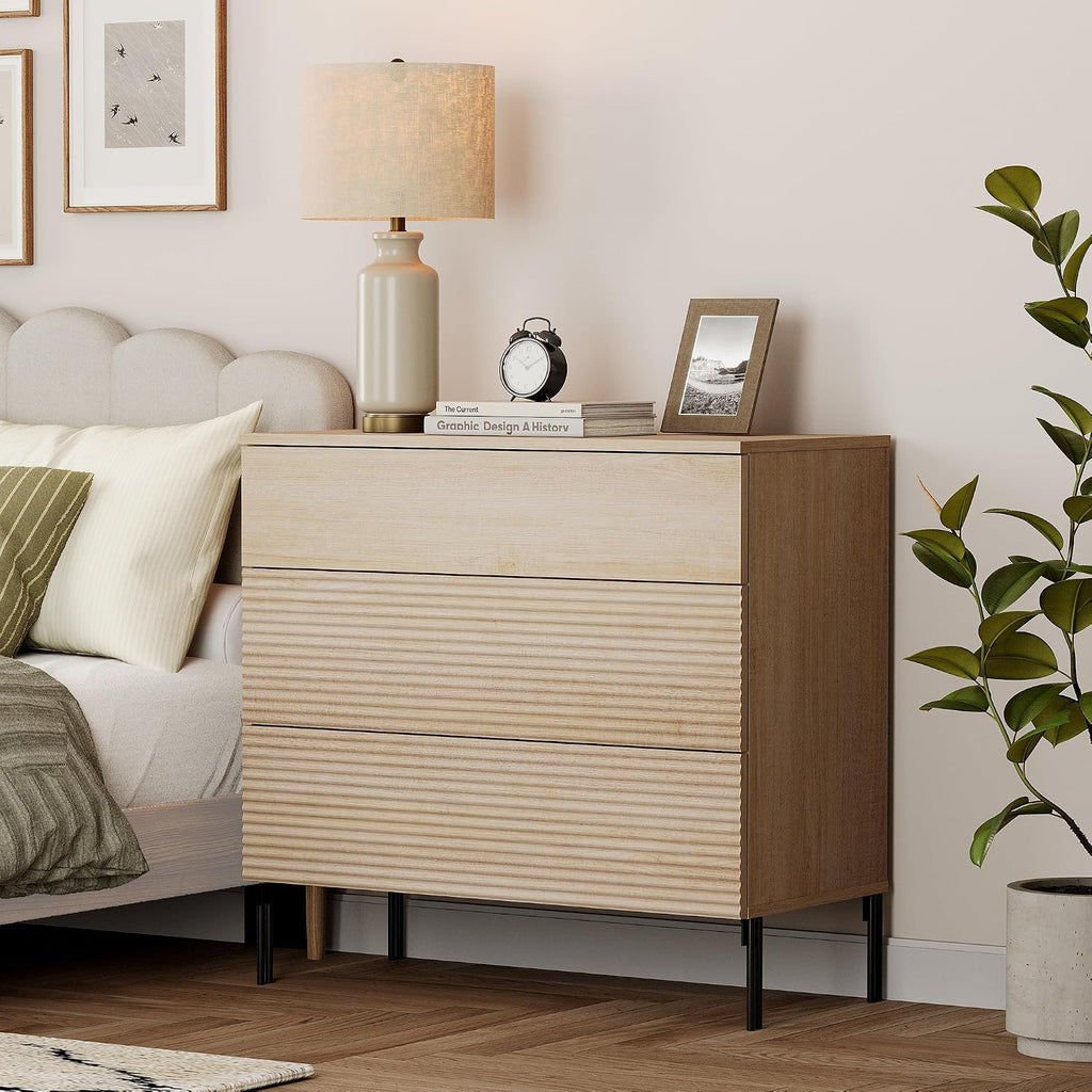 WAMPAT 30.2' Tall Fluted Nightstands Set of 2 with 3 Large Drawers, Mid Century Nightstand End Table with Hidden Handle, Wooden Bedside Table with Storage for Bedroom, Beige