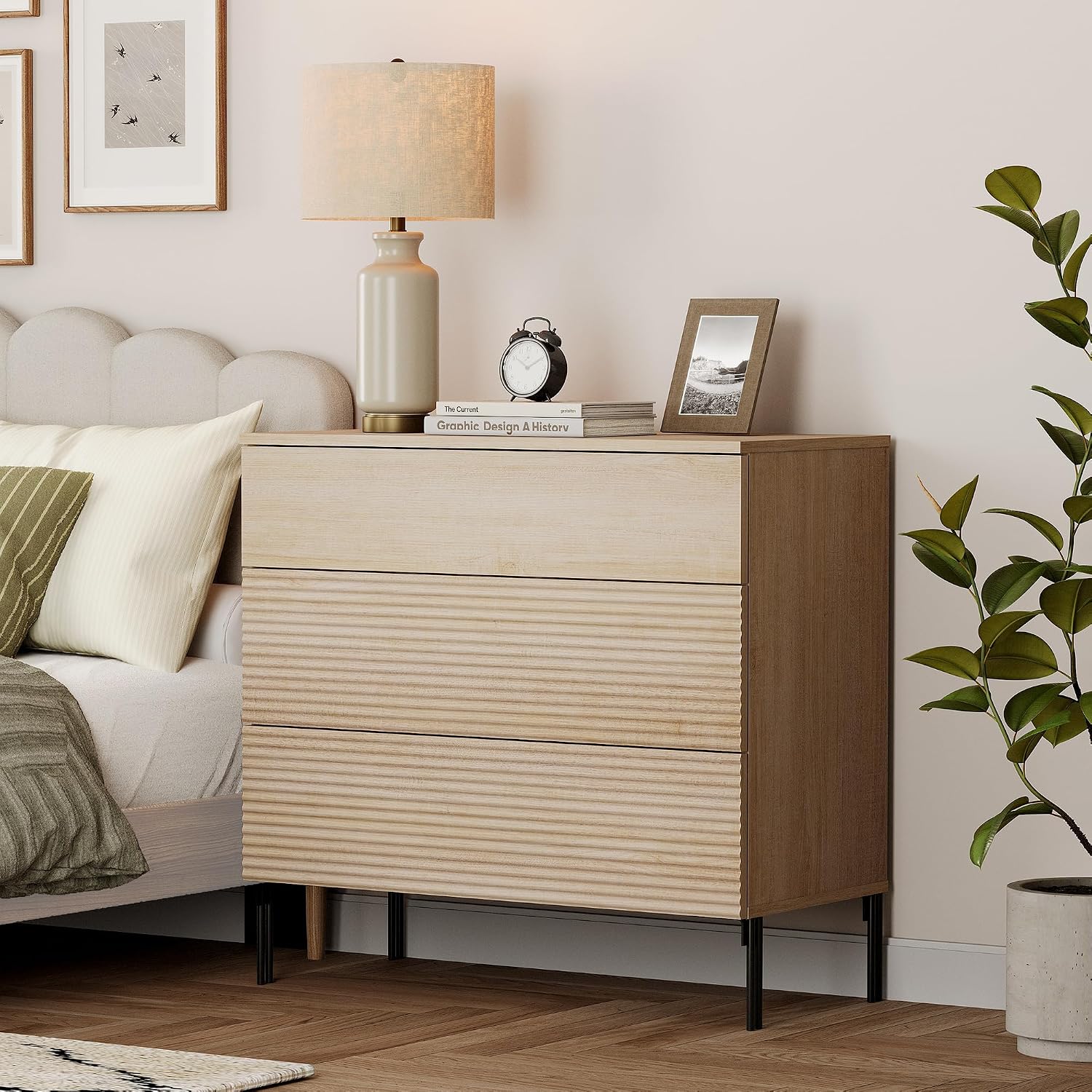 WAMPAT 30.2' Tall Fluted Nightstands Set of 2 with 3 Large Drawers, Mid Century Nightstand End Table with Hidden Handle, Wooden Bedside Table with Storage for Bedroom, Beige