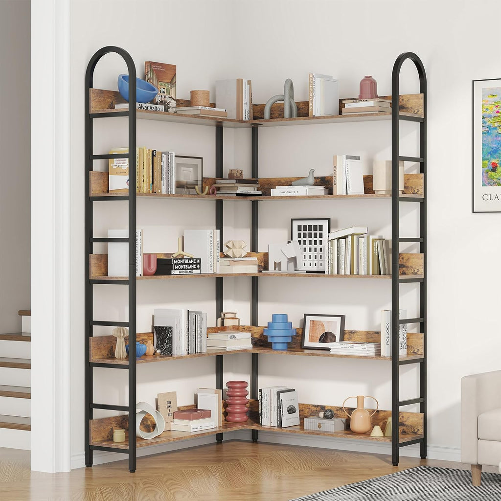 Nosepen L Shaped Corner Bookcase and Bookshelves, 5-Tier Tall Open Shelf Etagere Bookcase, Wood and Metal Large Library Industrial Bookcases Display Rack for Living Room Home Office,Black+Brown