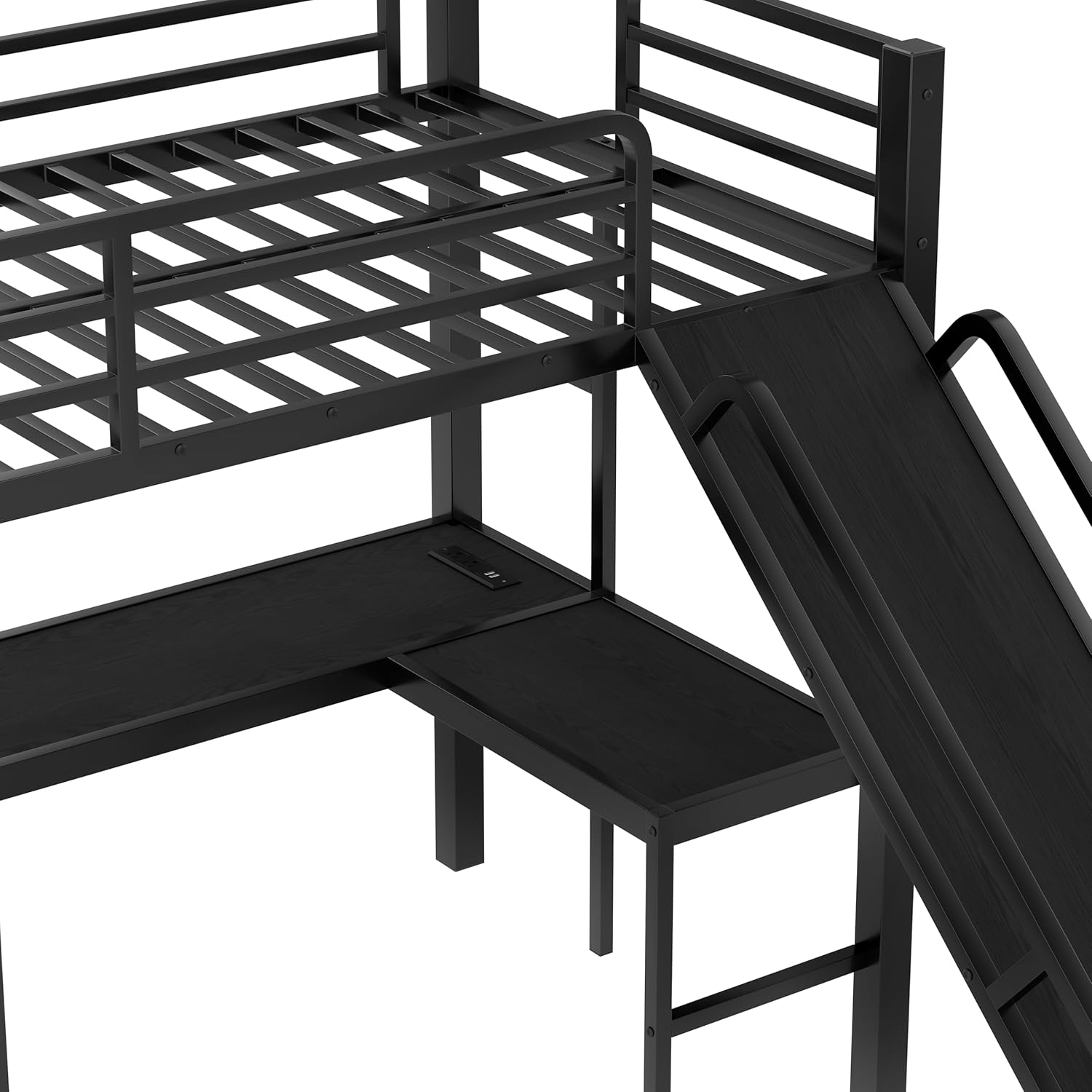 Bellemave Triple Bunk Beds, L-Shape Twin XL Over Queen Bunk Bed Attached a Loft Bed with Desk, Triple Bunk Bed with Slide and USB Ports, Metal Corner Bunkbed Frame for Three Boys Girls Teens, Black