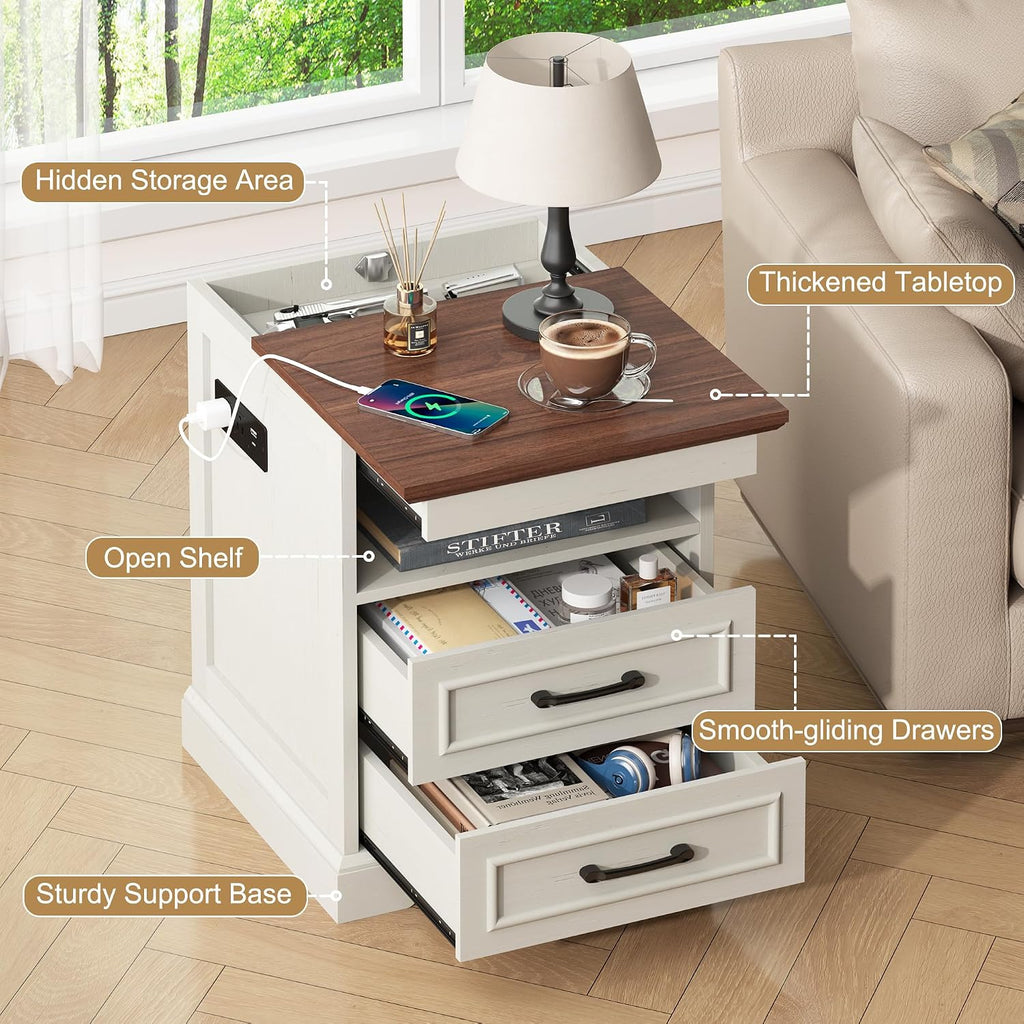 Gadroad 18' Farmhouse Accent Nightstand with Charging Station, End Table with 3 Drawers Storage, Side Table, Bedside Cabinet for LivingRoom Bedroom Office, Brown