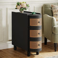 Tribesigns Solid Wood End Table, 3-Drawer Rattan Side Table, Night Stand with 3 Rattan Drawers and Exquisite Embossed Handles for Living Room, No Assembly Required (Black & Oak, 1PC)