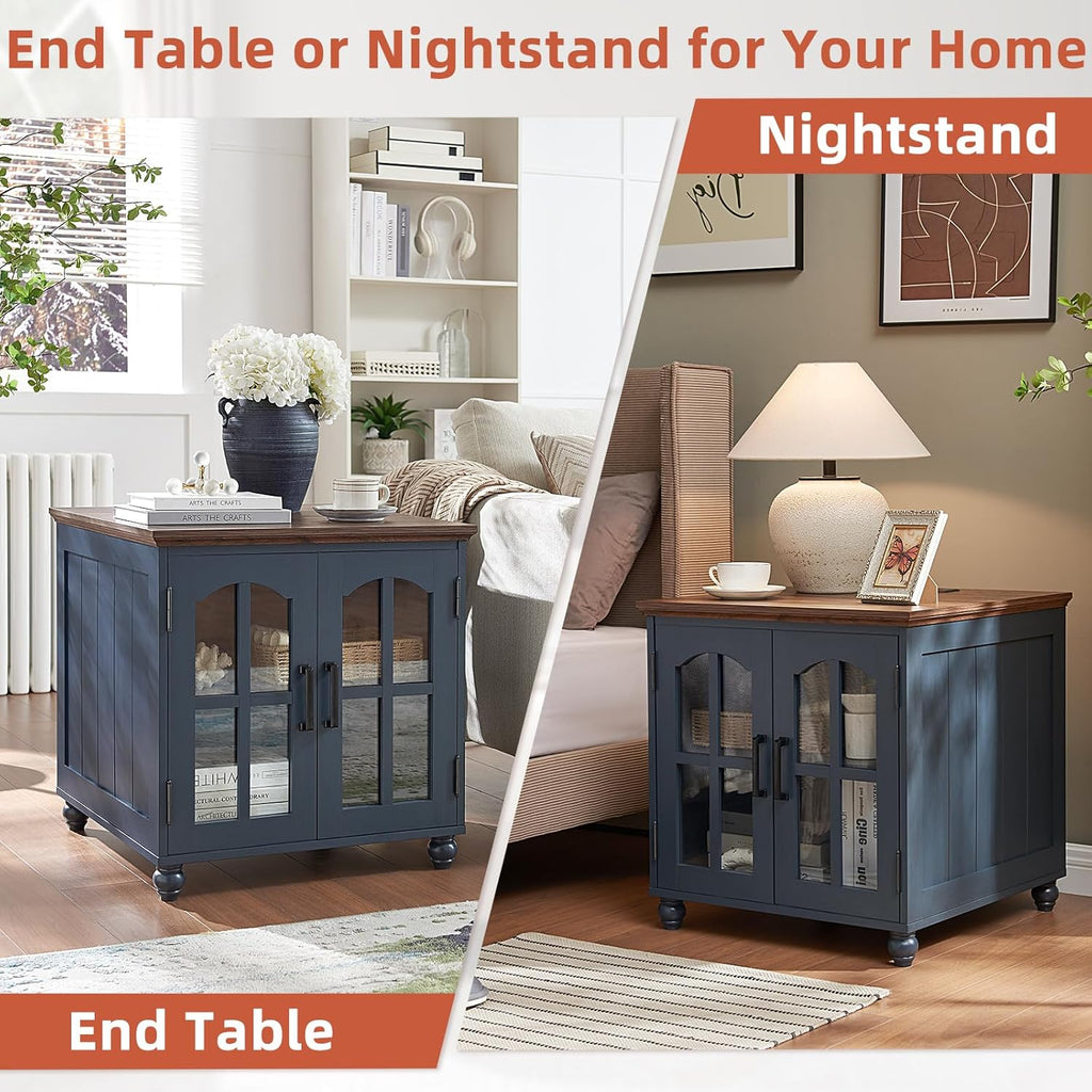RWYHG Farmhouse 24' End Table Set of 2 with Charging Station, Large Sofa Side Table with Glass Barn Door,Wood Night Stand with Adjustable Storage Shelf,Square Bedside Table for Living Room,Bedroom
