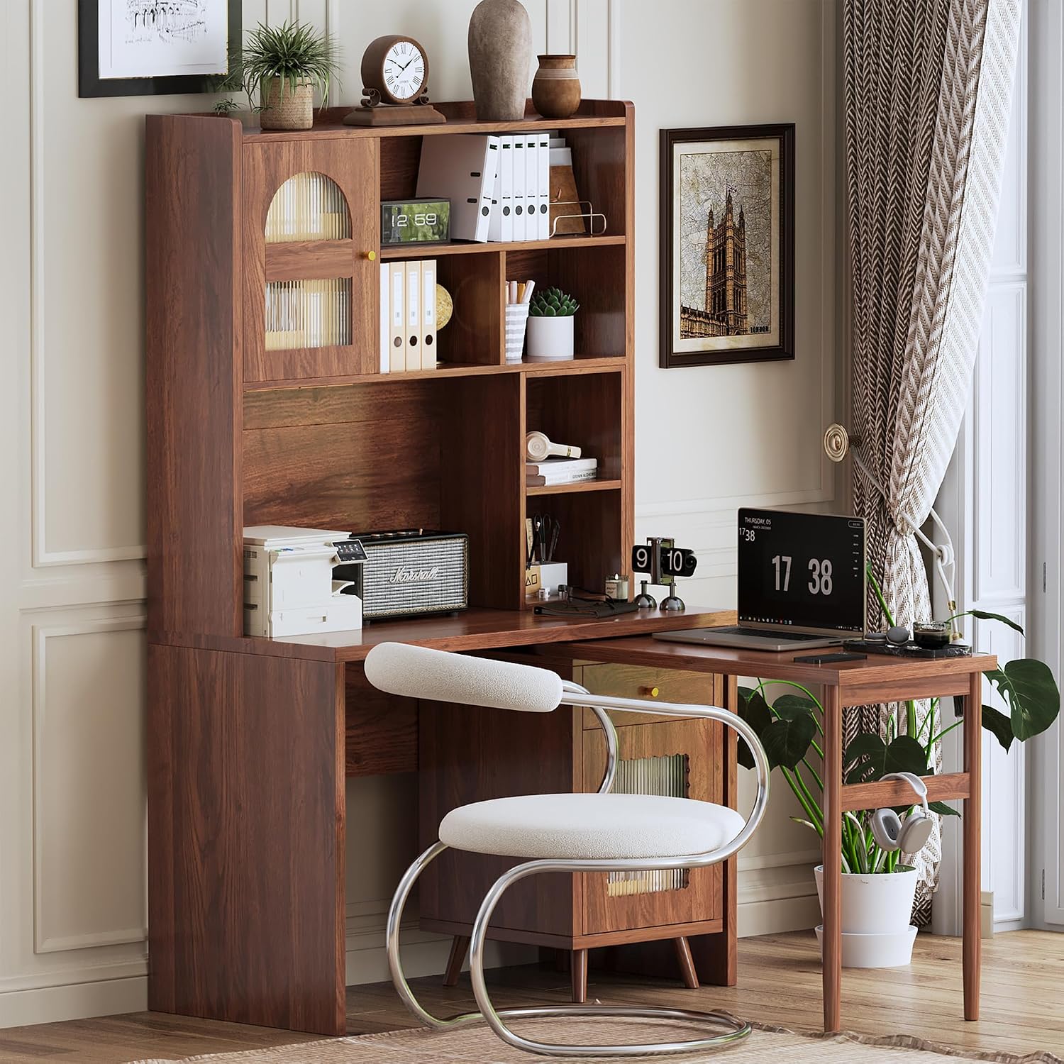 L Shaped Home Office Desks with 90° Rotating Retractable Desktop, Glass Door, Hutch, Drawers, Bookshelf & Storage Shelves, 43' Modern Gaming Computer Corner Table for Work, Study, Writing, Walnut